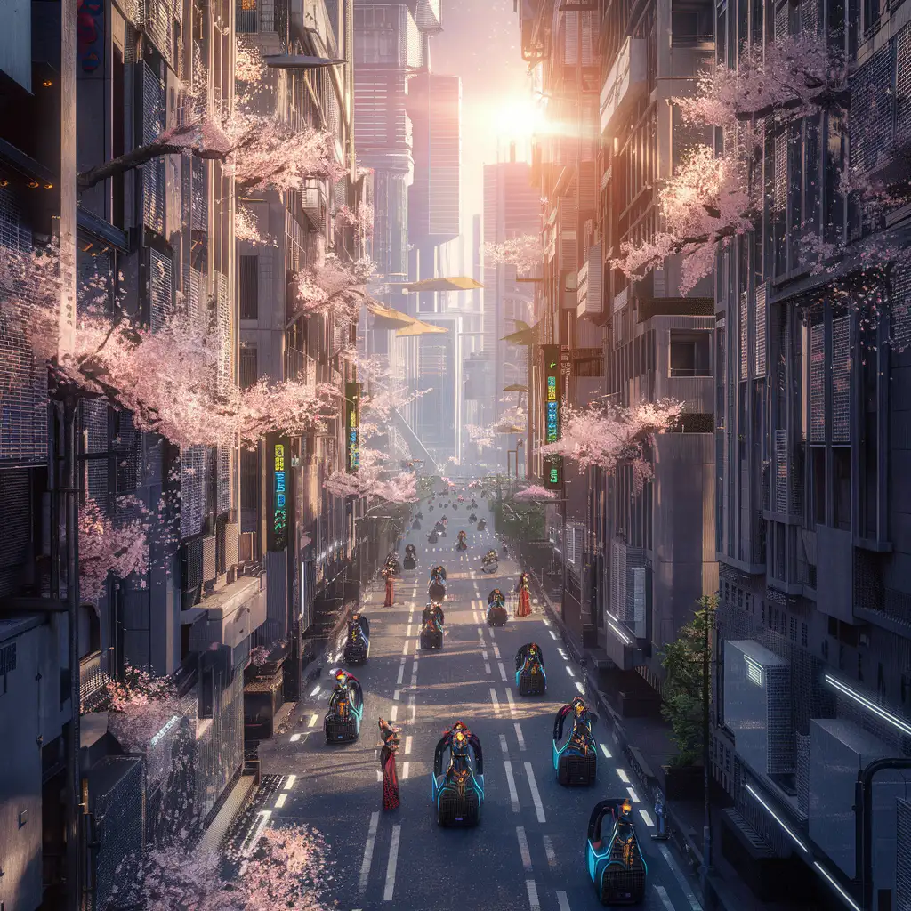 A semi abstract picture. Sun shining down on the futuristic streets of Neo Kyoto. cherry blossoms blooming against skyscrapers that breathe clean air, their branches adorned with solar petals. Geisha-bots will glide gracefully between people through the streets, sharing ancient poetry while pedaling zero-emission rickshaws. The photo is being taken by an aerial drone, halfway up the skyscrapers