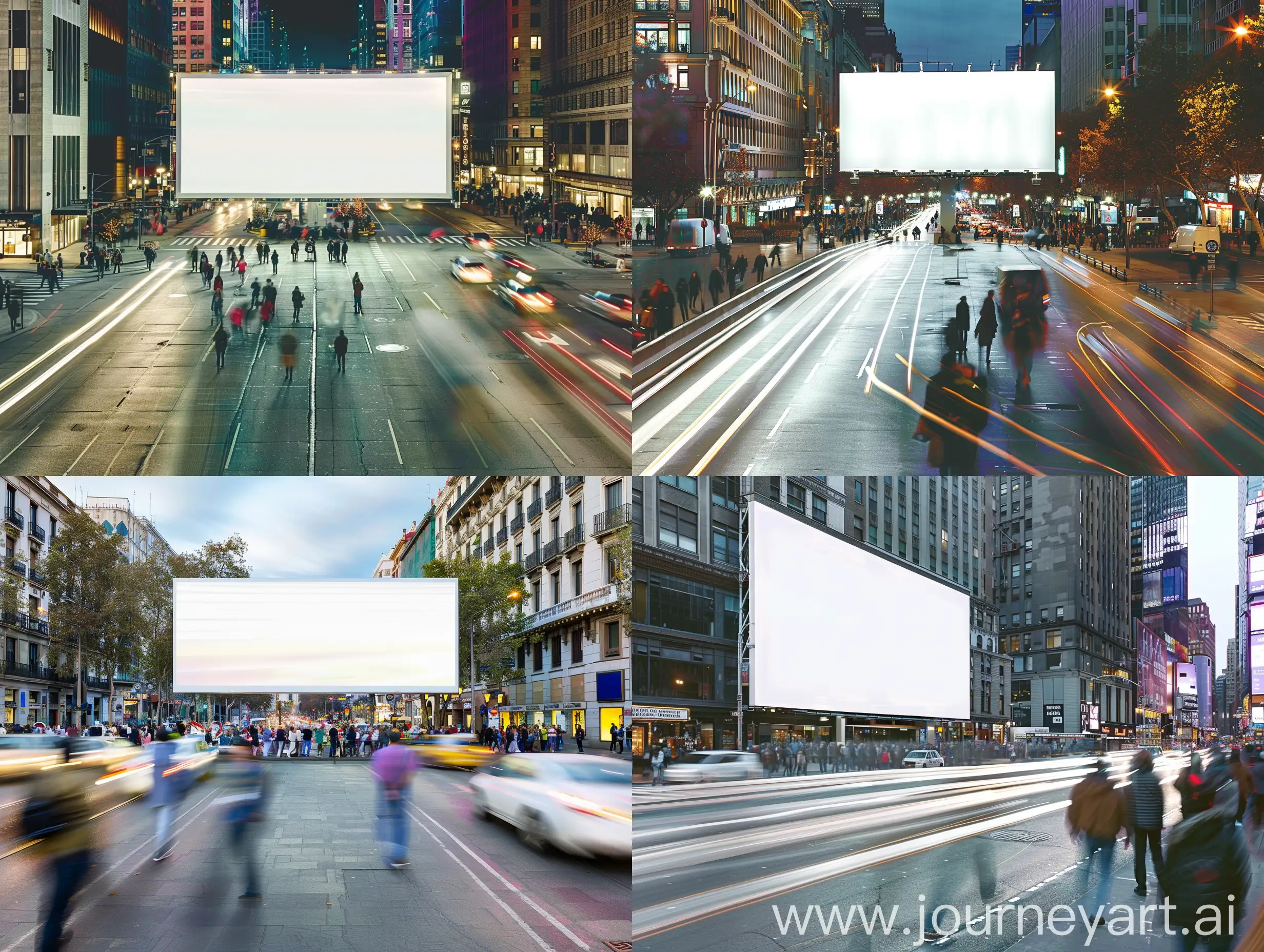 a white billboard in the middle of the picture in a big street with people and cars passing by it, long exposure, highly detailed, high quality