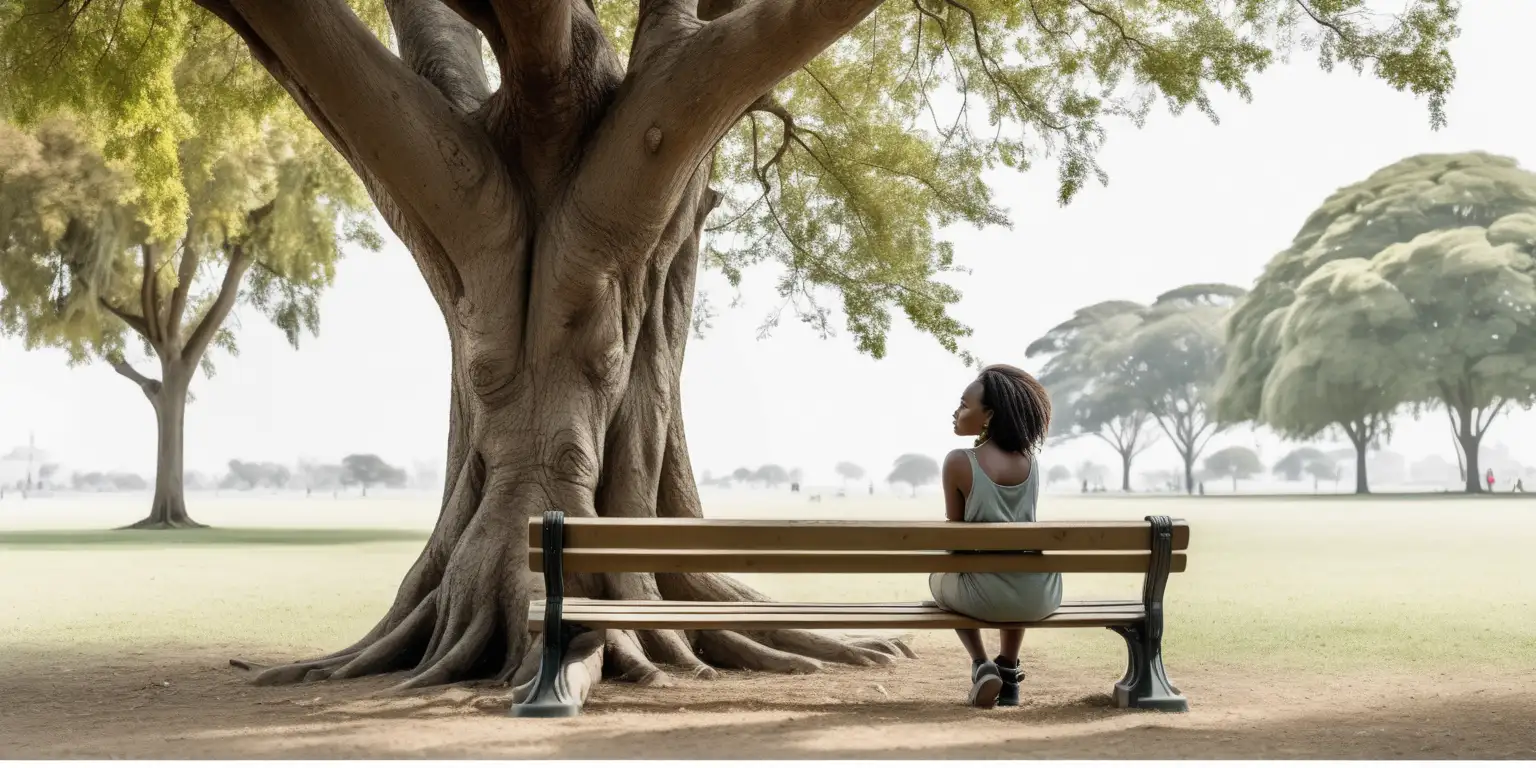 Young African Woman Sitting on Park Bench Leaning on Tree