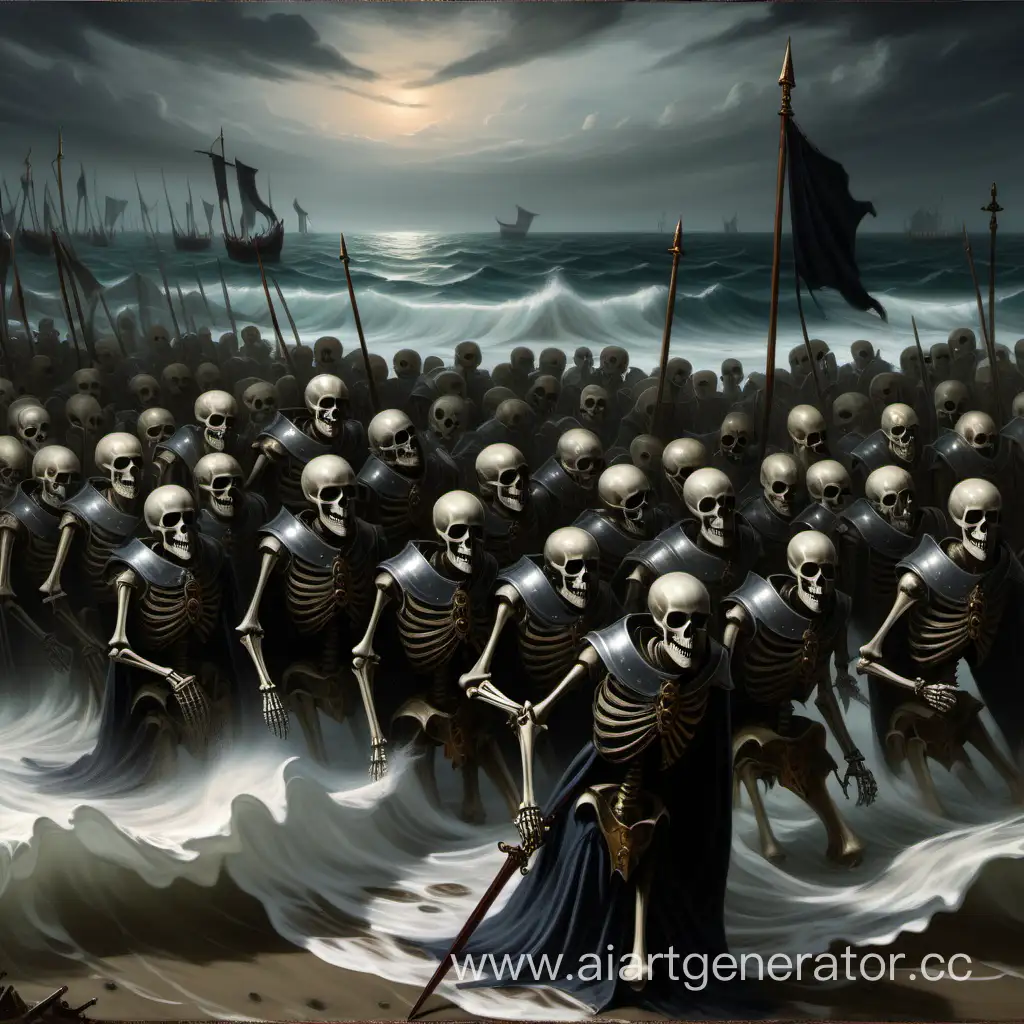 Армия скелетов в доспехах витязей выходящие из моря реалистично картина должна быть зловещей