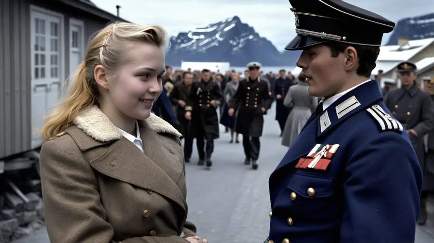 Embracing Love in Wartime Norwegian Woman and German Navy Officer Embrace in Northern Town