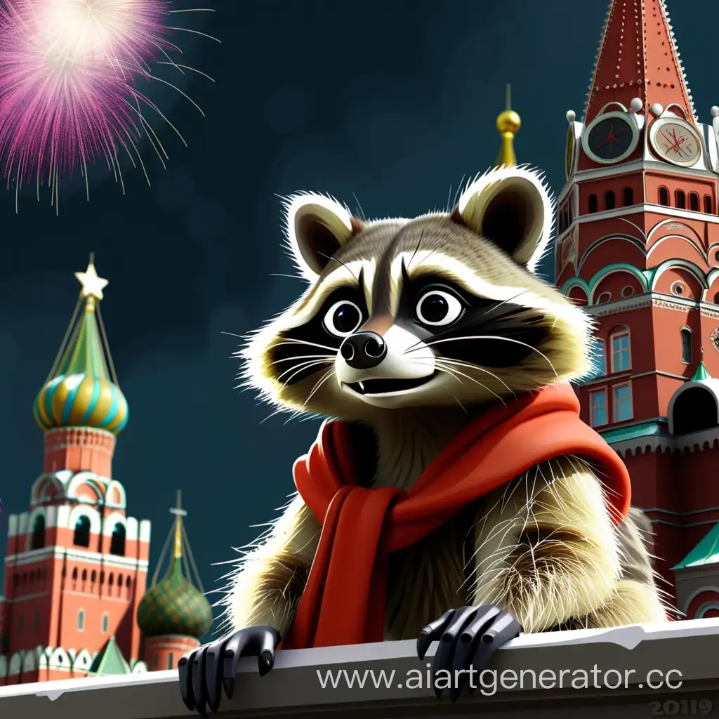 Енот смотрит на Москву в новый год