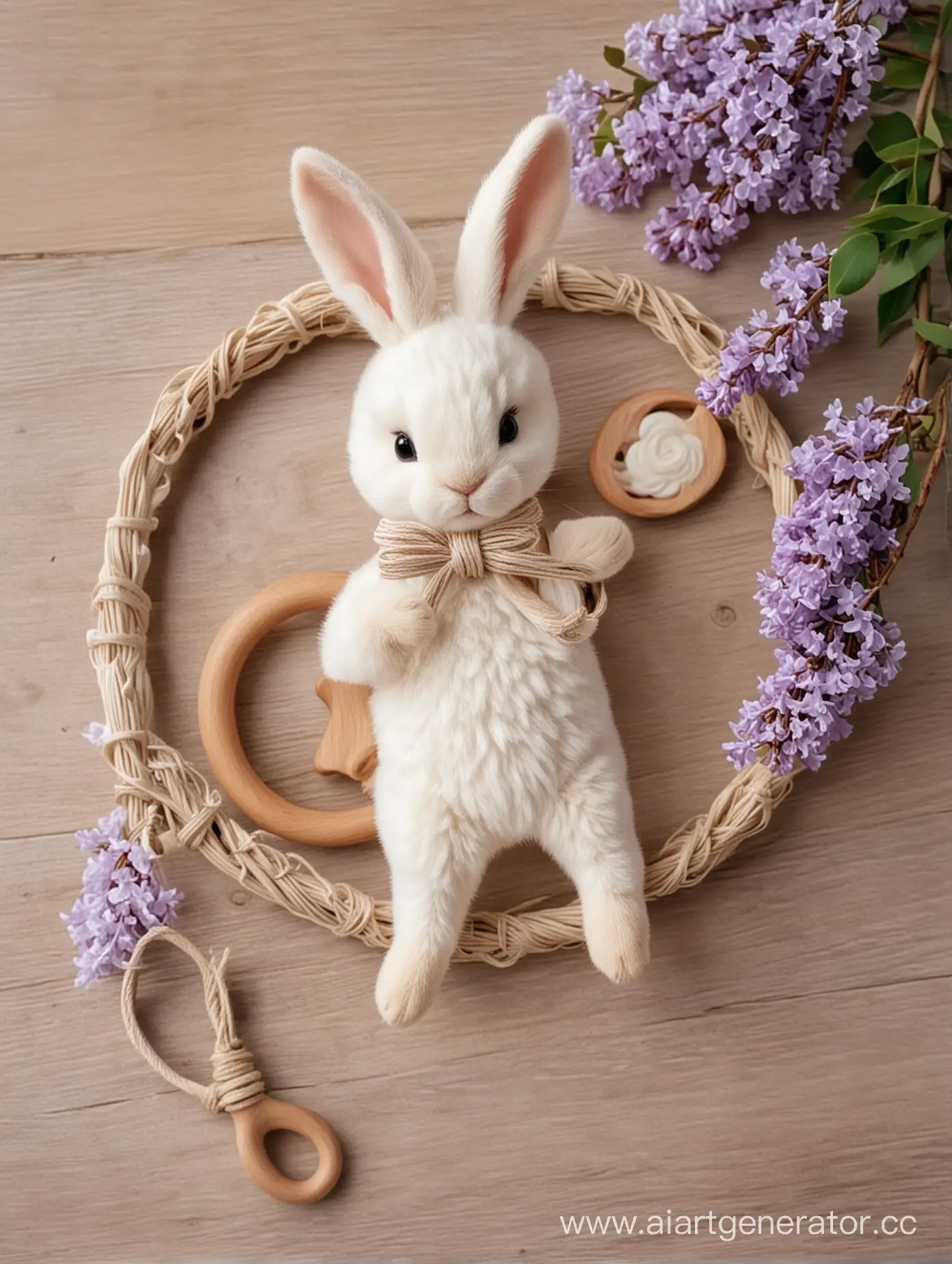 Milky-Hooked-Rattle-Bunny-on-Decorated-Table-with-Lilac-Flowers-and-Wooden-Accents