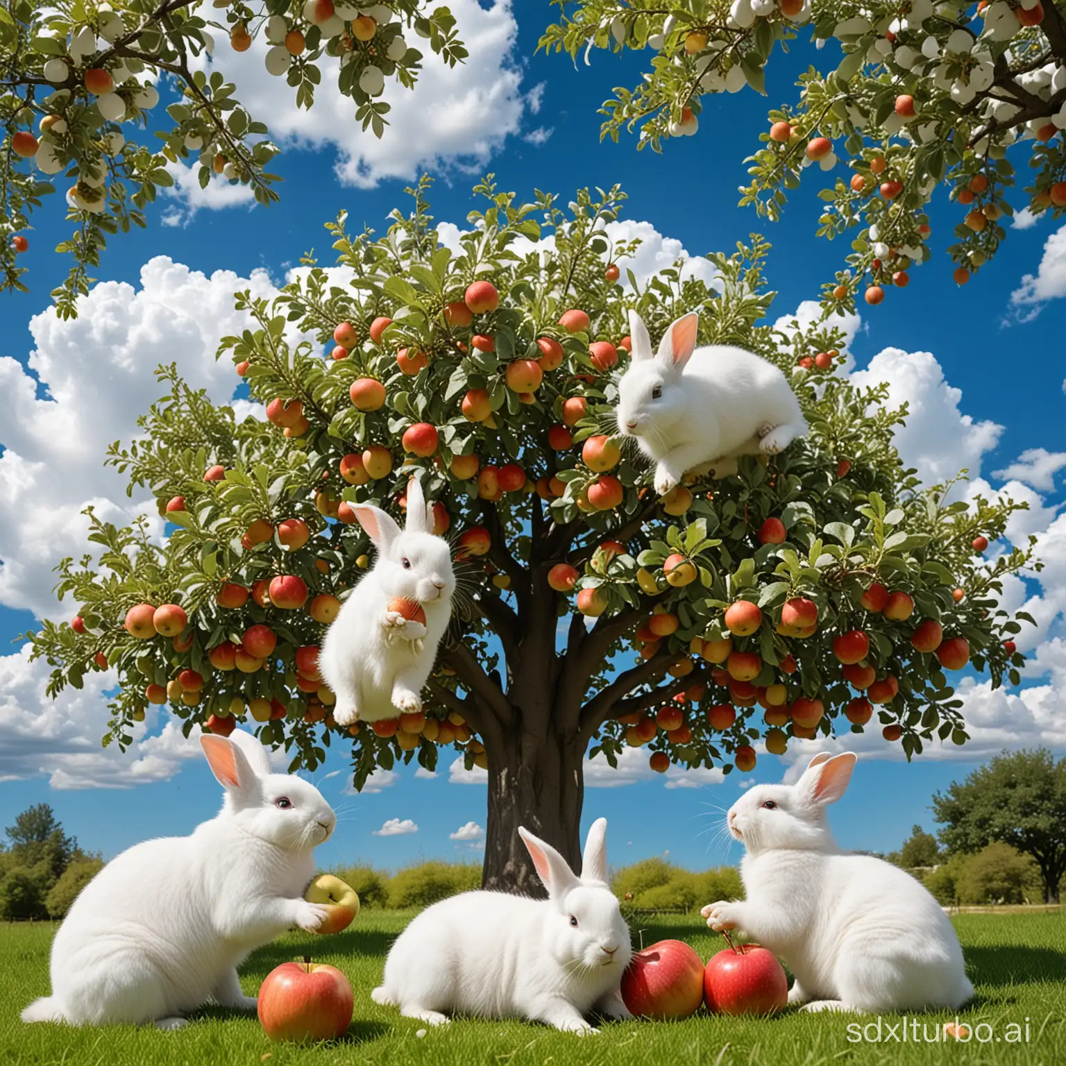 4 white color bunnies eating apples under an big apple tree, blue sky, white clouds
