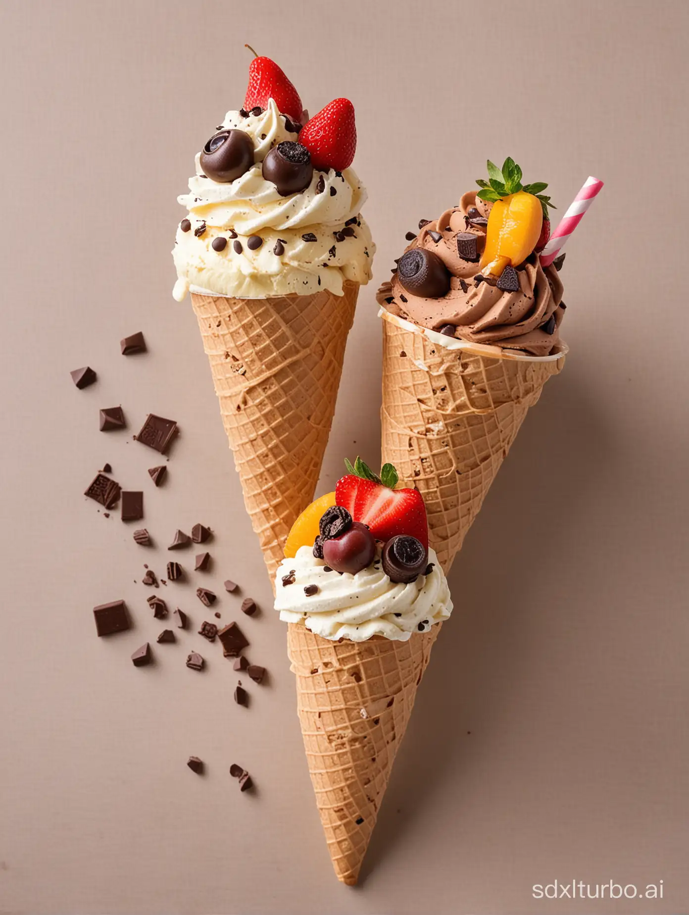 Cookie nd cream ice cream with paper cup decorate with chocolate and fruits