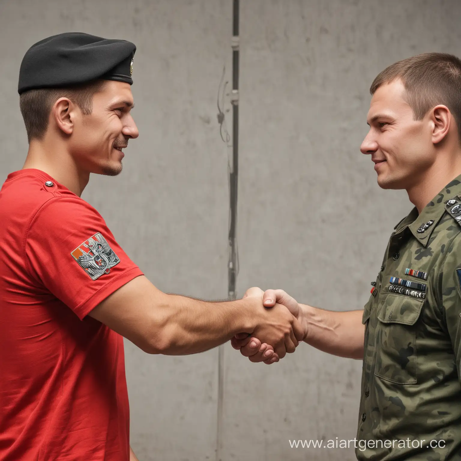 Russian-Army-Soldier-Shaking-Hands-with-Civilian-in-Red-TShirt