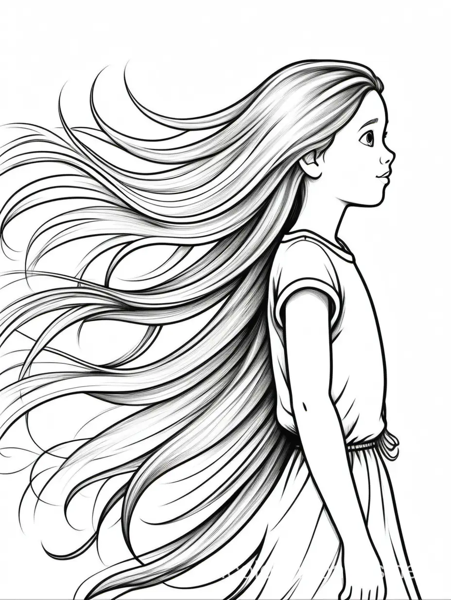 tween GIRL with  LONG WISPY hair BLOWING IN THE WIND from behind, Coloring Page, black and white, line art, white background, Simplicity, Ample White Space. The background of the coloring page is plain white to make it easy for young children to color within the lines. The outlines of all the subjects are easy to distinguish, making it simple for kids to color without too much difficulty