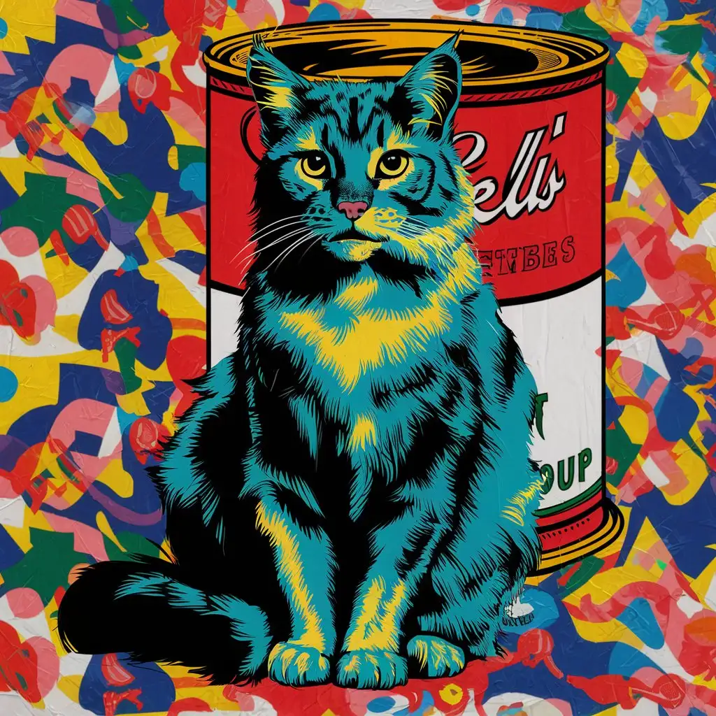 andy warhol art style in the shape of a majestic blue feline