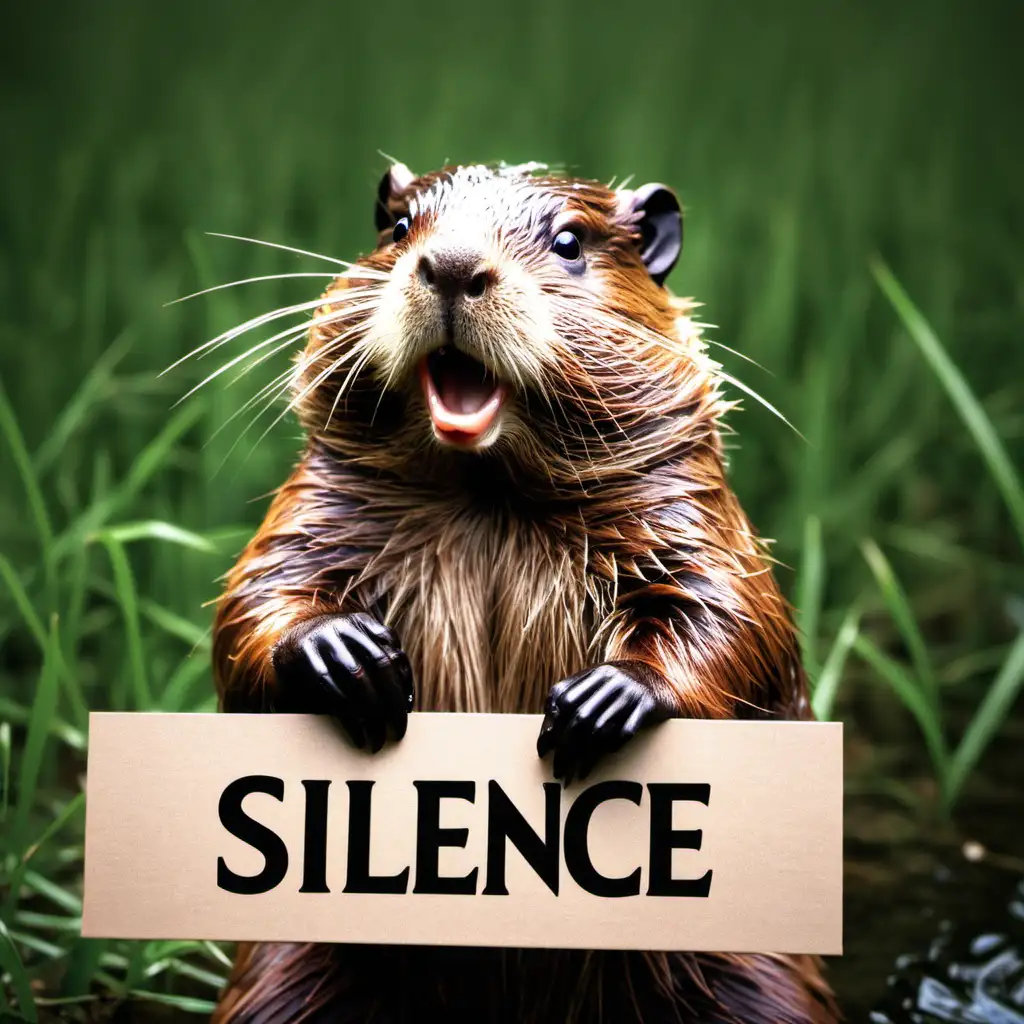 Silent Beaver Holding Sign Tranquil Forest Moment