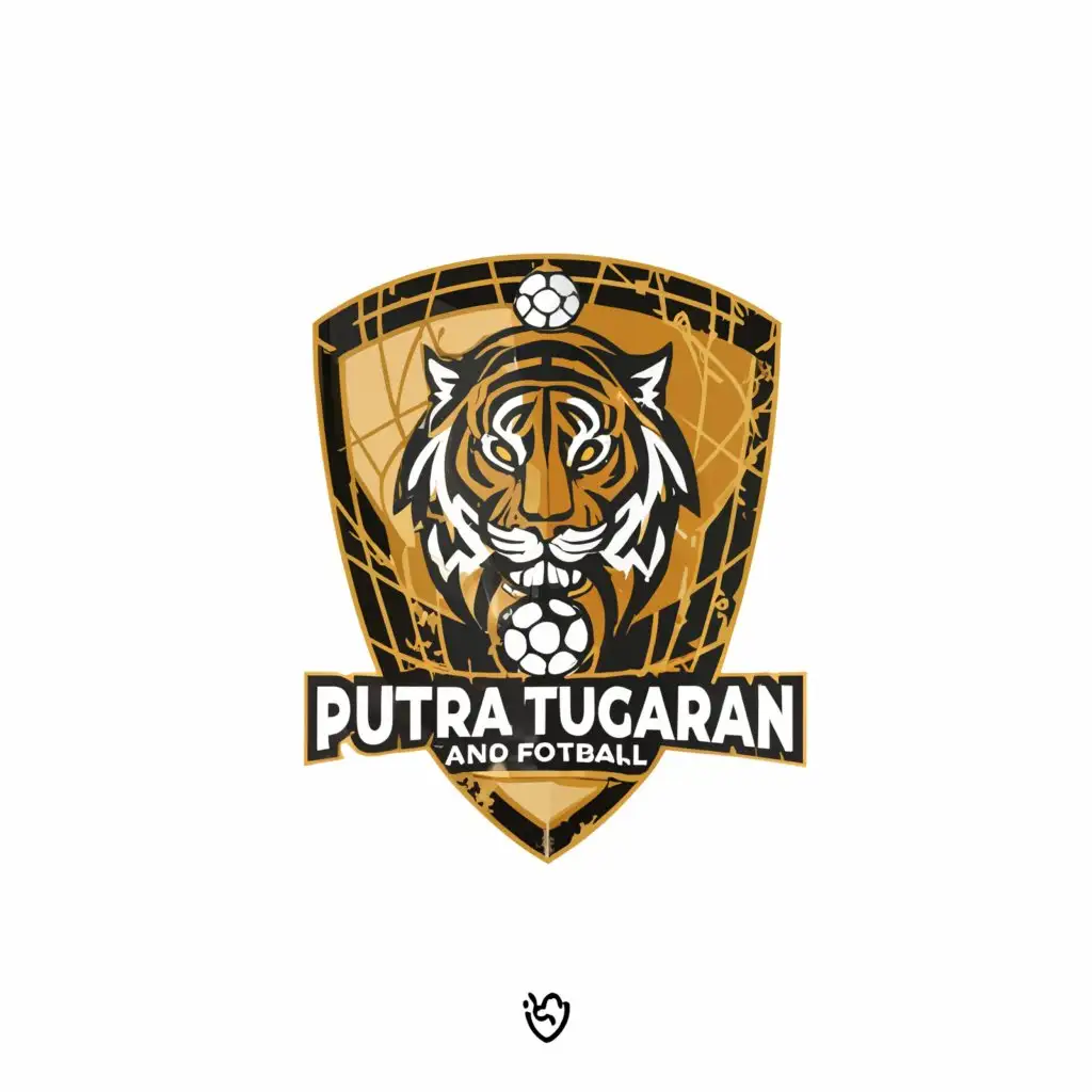 a logo design,with the text "Tiger and shield and football", main symbol:Putra Tugaran,complex,be used in Technology industry,clear background