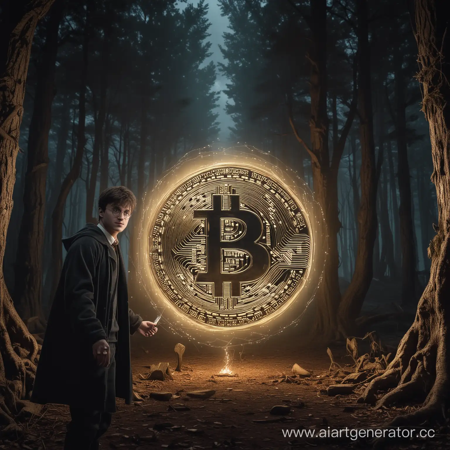Harry-Potter-Holding-Illuminated-Bitcoin-Piece-in-Forbidden-Forest