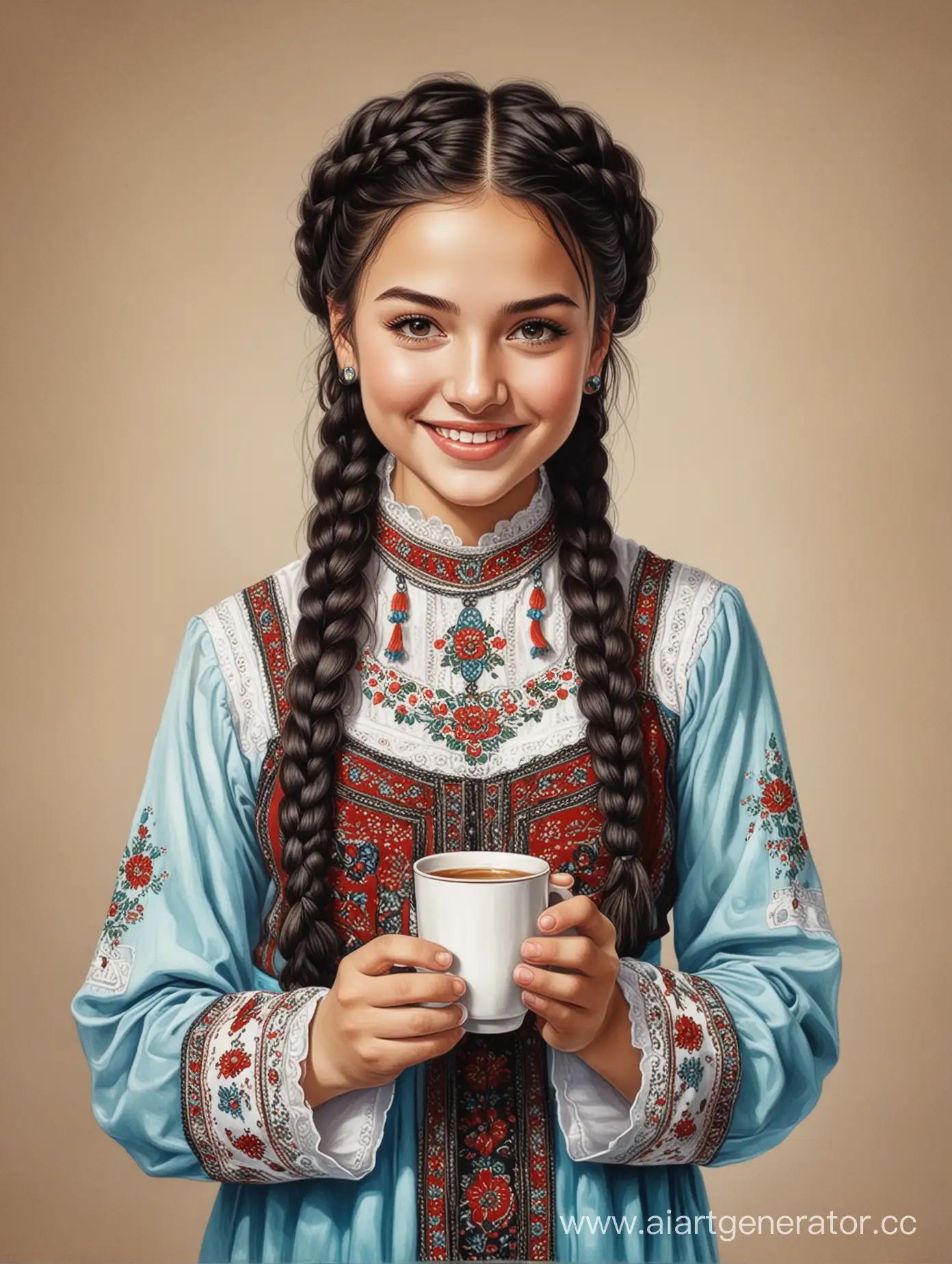 Smiling-Tatar-Girl-with-Coffee-in-Traditional-Costume