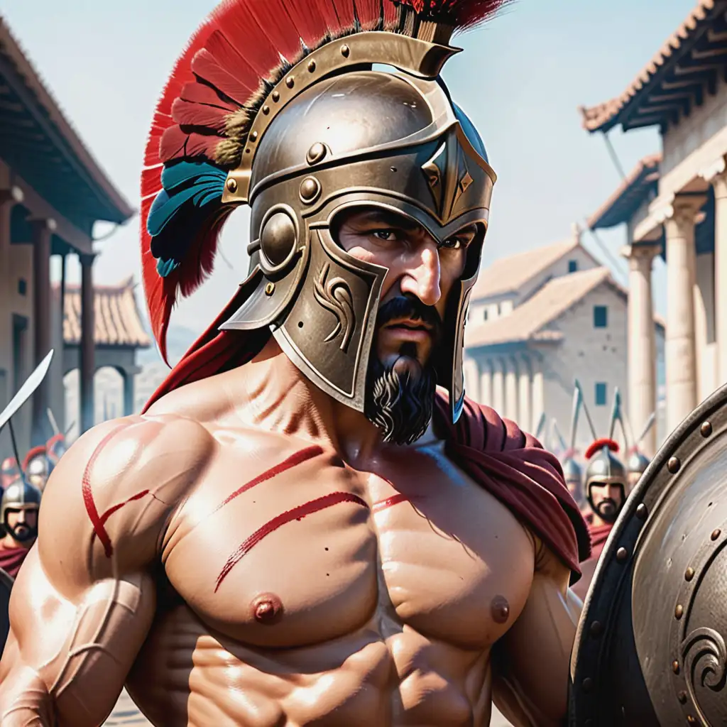 This is Sparta, 
Greek muscular warrior with helmet produced in the style of 300 spartans
