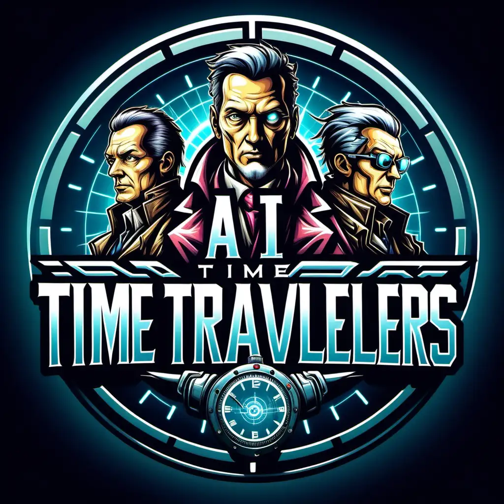 The AI Time Travelers Schriftzug, Männer mittleren Alters , AI-Styl, Zeitreise, episch, Krieg, Cyberpunk
