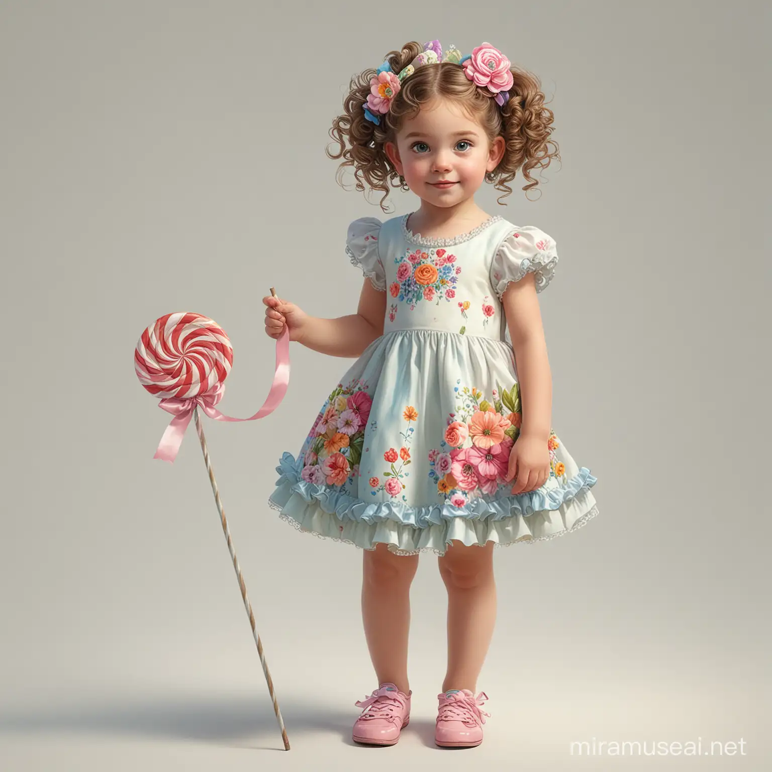 realistic full body shot of a beautiful little girl with flowers in hair, curls, lollypop, hairbow, dress with puppy's, cartoonish, inventive character designs, color settings, 
highly detailed digital art, fixed on white background, watercolor effect, james gurney art --v 5.2 --s 250
