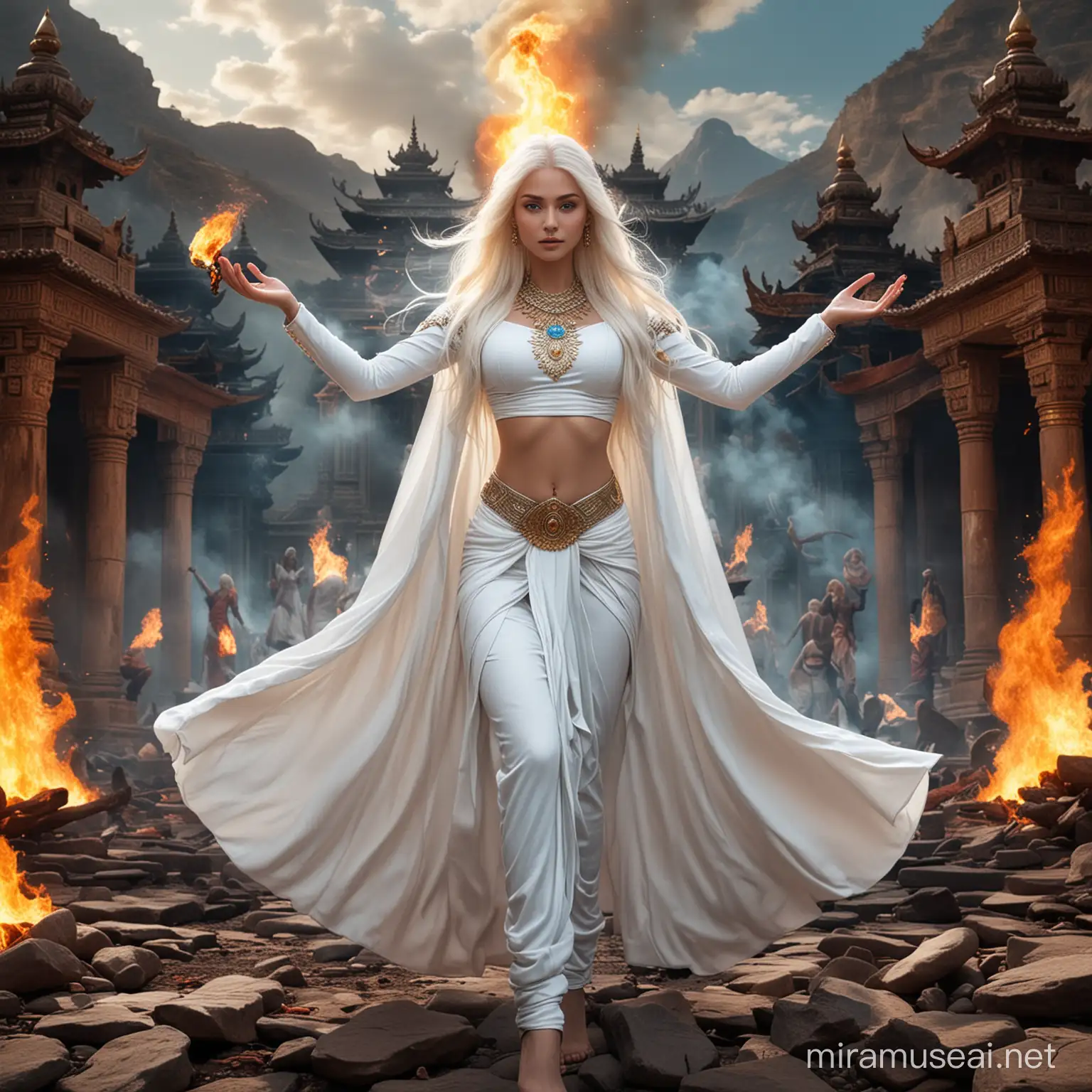 Empress Goddess Kayashiel in Fiery Combat with Demon Goddesses