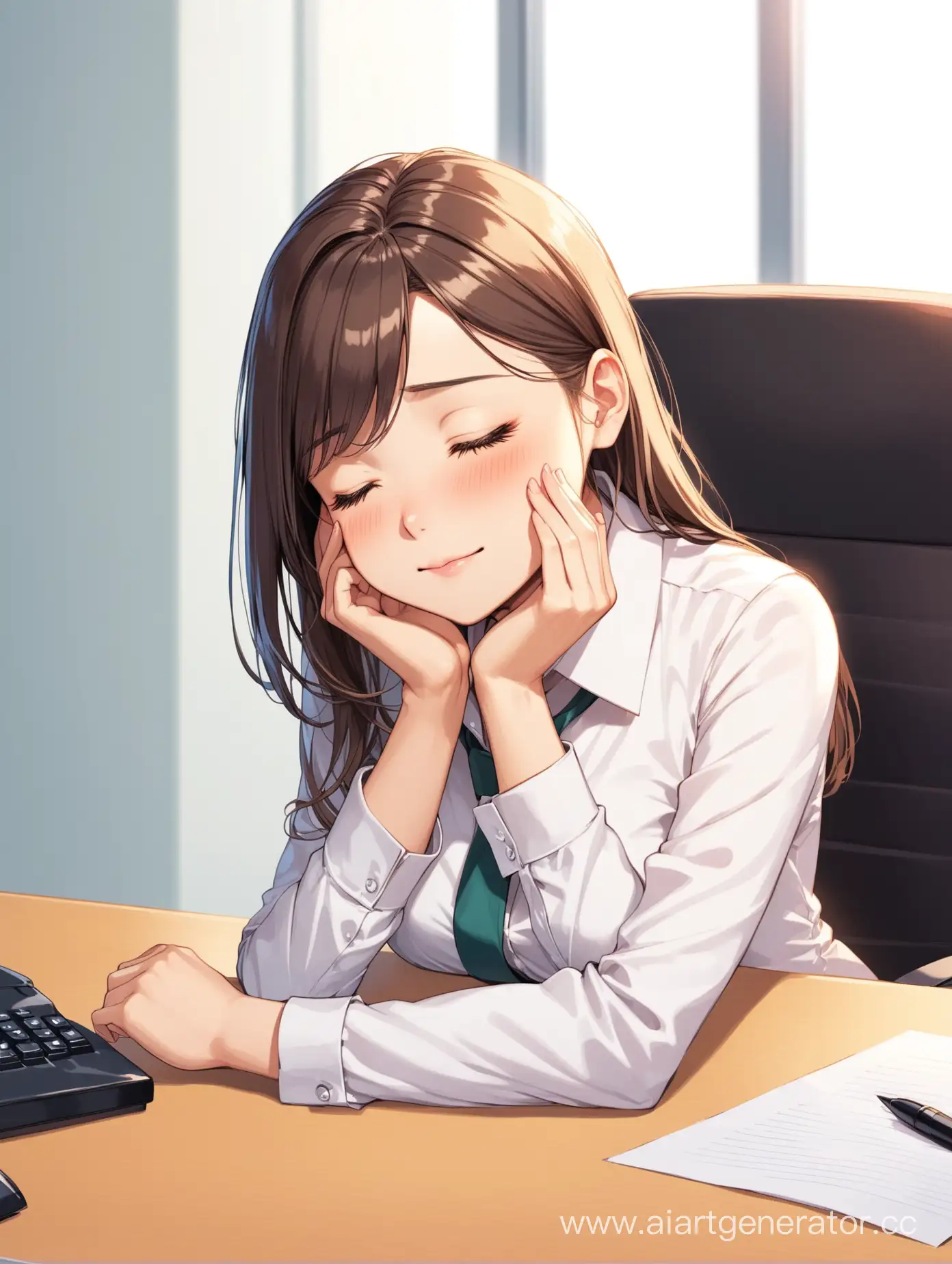 office   girl  enjoys, she    Befuddled enjoying,   closed eyes 
