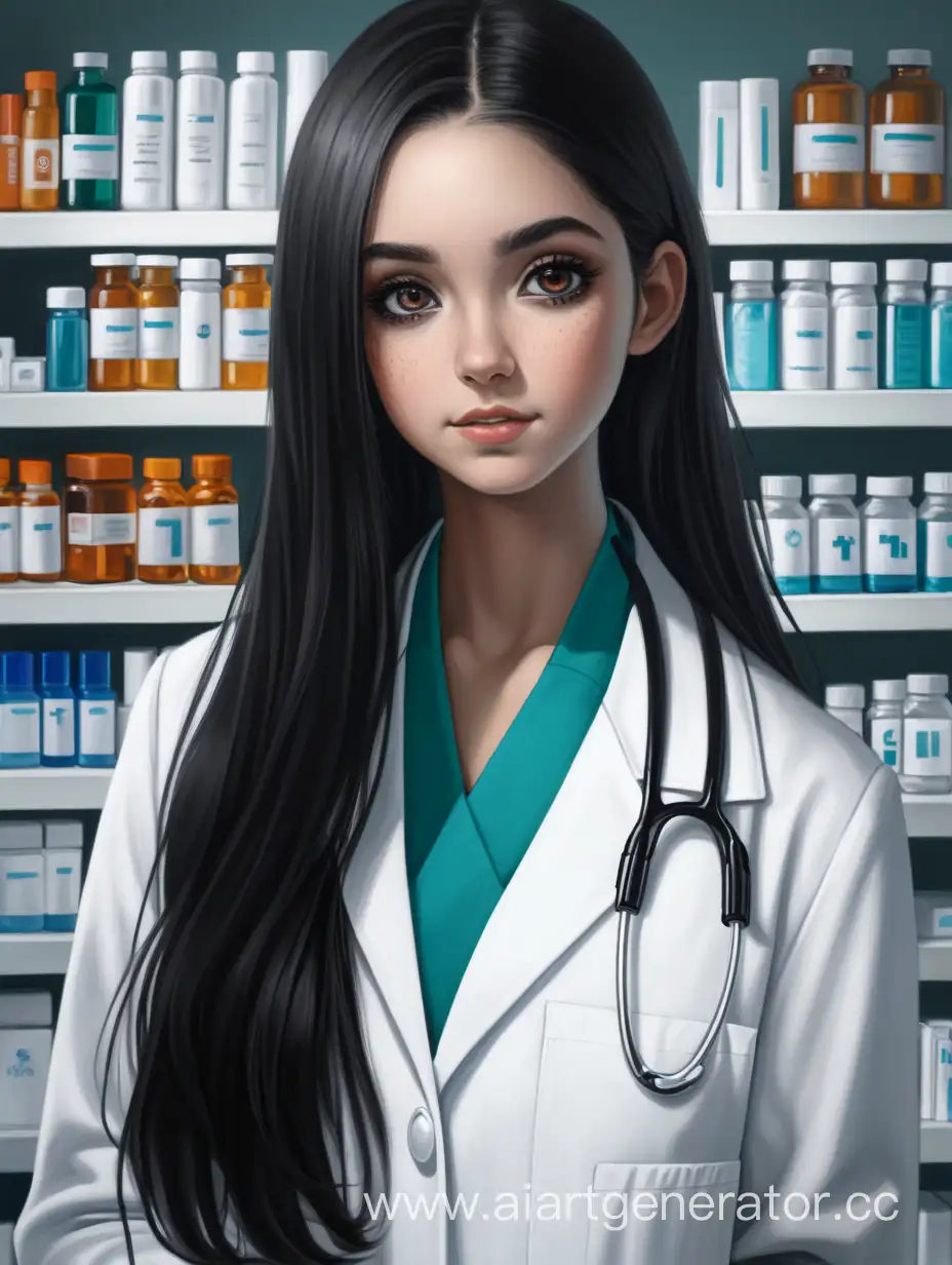 Девушка, длинные темные волосы, черные глаза, белая кожа, аптекарь, в белом медицинском халате