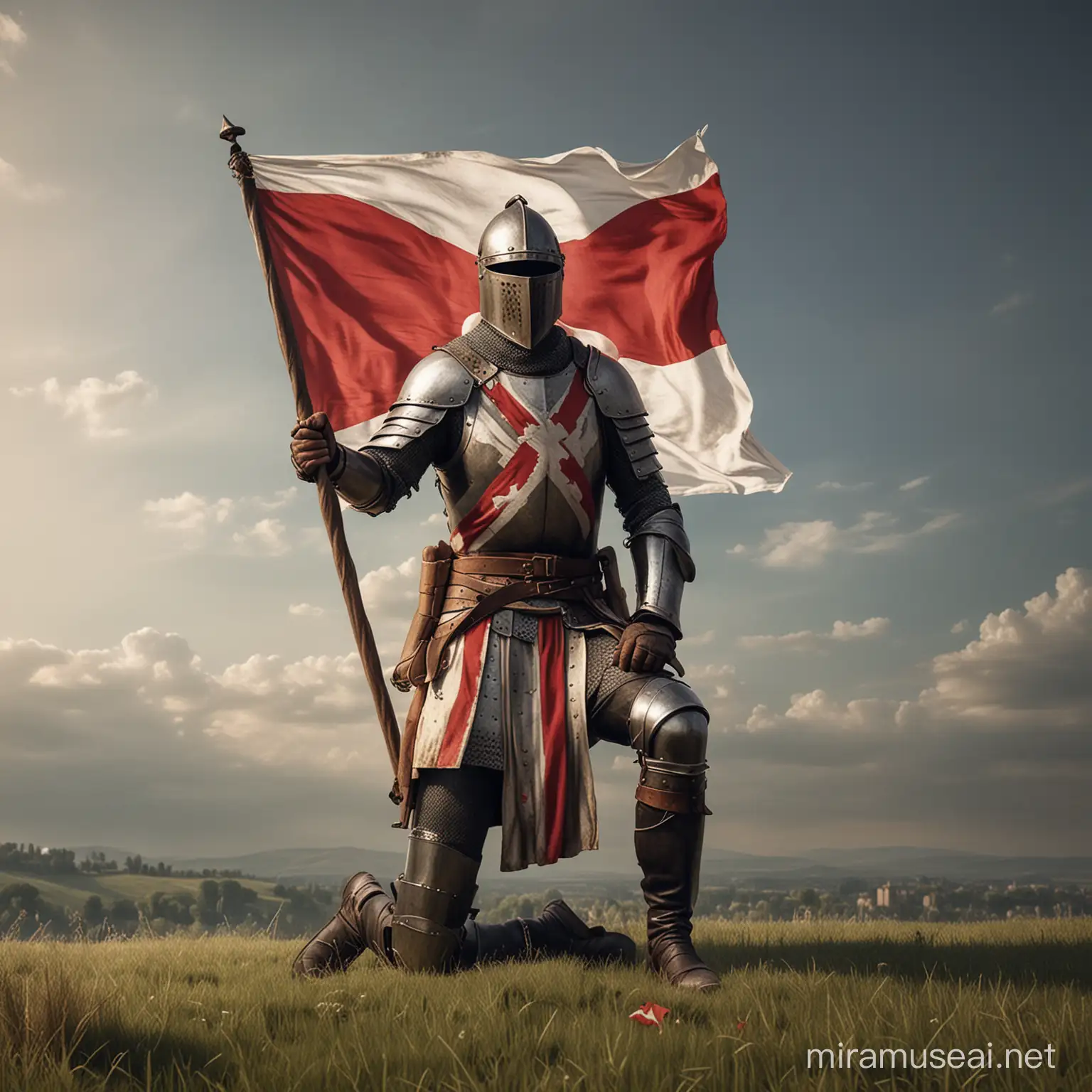 Georgian Knight wielding Georgian Flag while Kneeling
