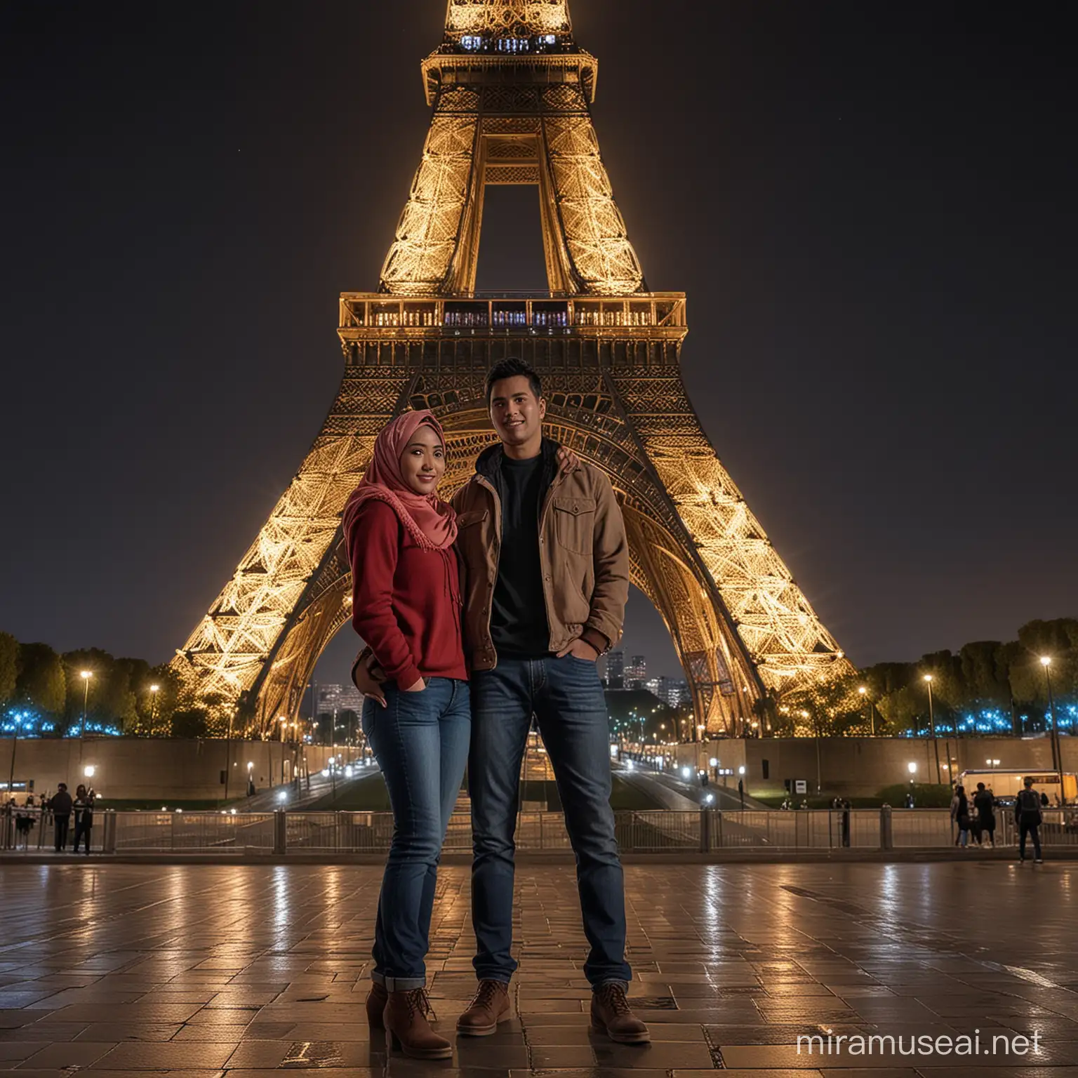 Indonesian Couple in Hijab and Sweater Under Eiffel Tower at Night