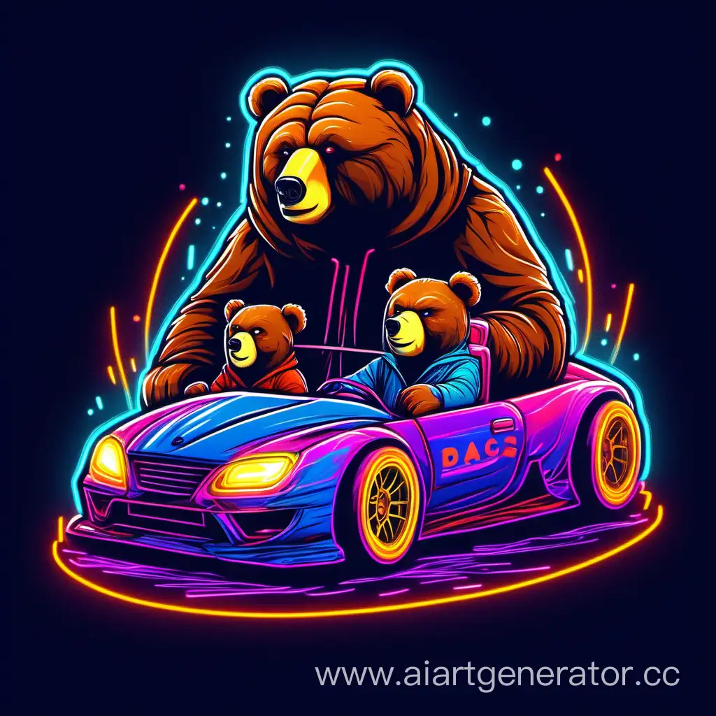 добрый русский папа и сын медведи на дрифт машине неон дизайн
