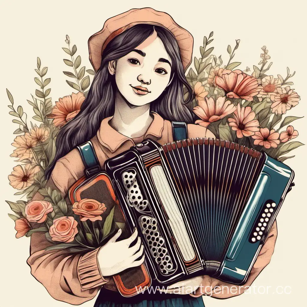 девочка с цветами в руках и аккордеоном