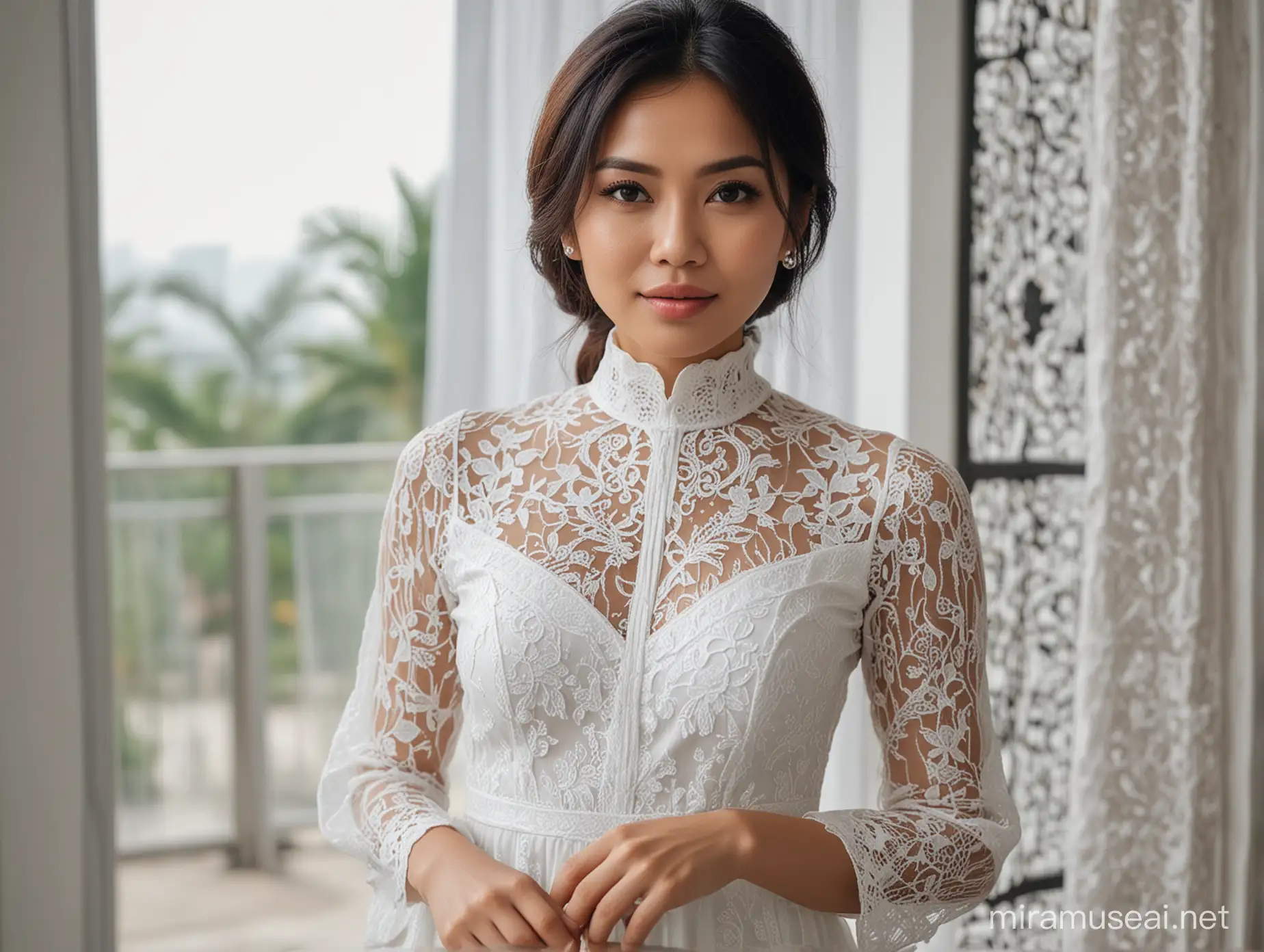 Elegant Surabaya Woman in Sheer Lace Dress