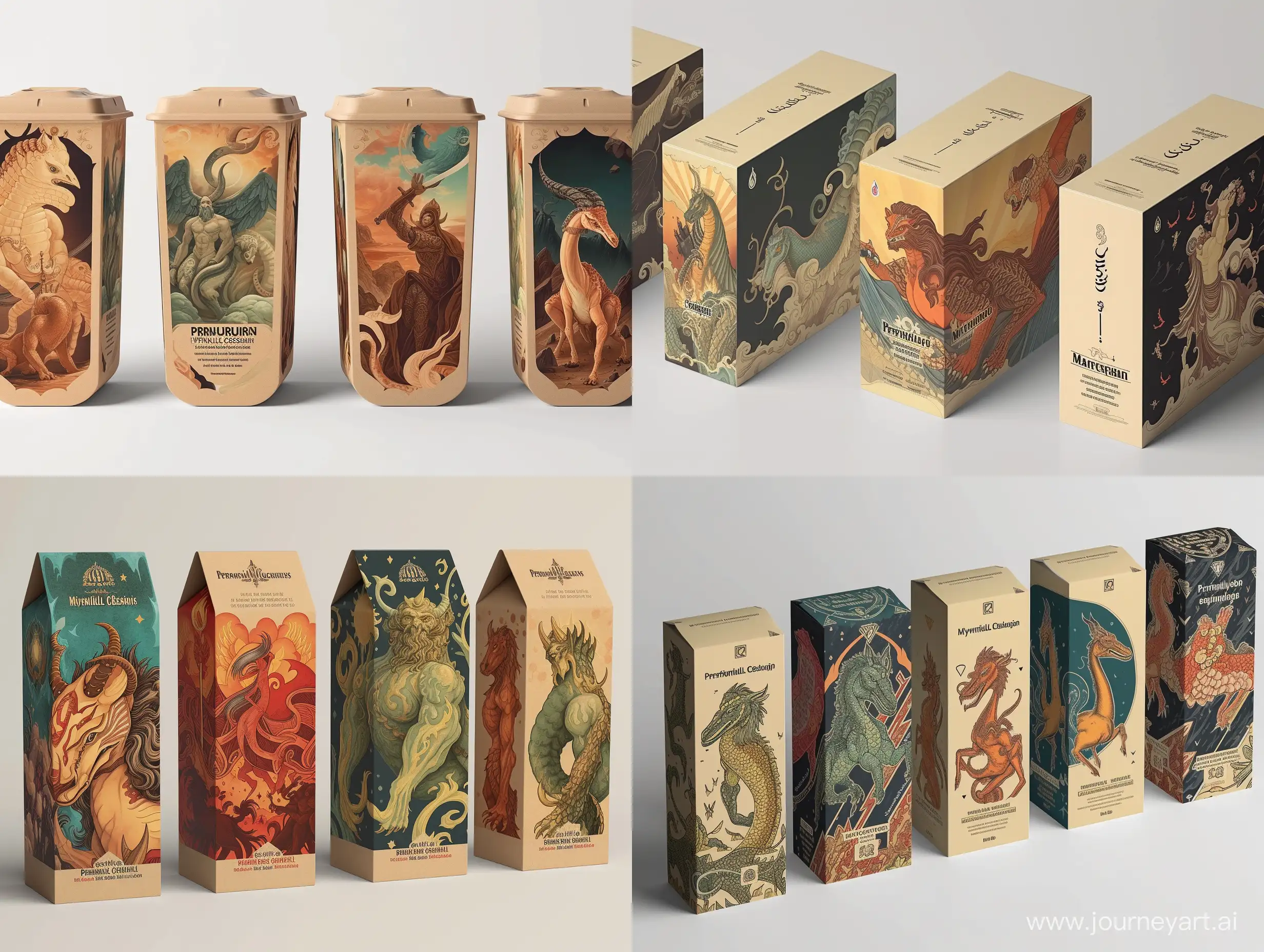 imagine an image of:1. Design a range of minimal style eco-friendly ice cream packages featuring ancient Persian mythical creatures like the Simurgh and Manticore. Each creature will represent a different flavor, with the packaging showcasing mythological tales on the back.
2. Use sustainable premium cardboard with a luxurious matte finish to create a high-quality, environmentally friendly look. Incorporate earthy colors inspired by the mythical creatures to attract fantasy and mythology enthusiasts.
3. Include traditional Persian artistic representations of the creatures, featuring detailed backgrounds and a bold, traditional Persian font for the brand and product name to tell a cultural story with visually stunning design.
4. The packaging will take the form of a standard rectangular box with a top-opening lid, similar to a standard ice cream tub, measuring approximately 6 inches long, 4 inches wide, and 2.5 inches high.
5. By fusing traditional Persian art, mythical storytelling, and premium packaging materials, the "Persian Mythical Creatures" ice cream series will provide an exceptional and enchanting experience for customers.realistic style