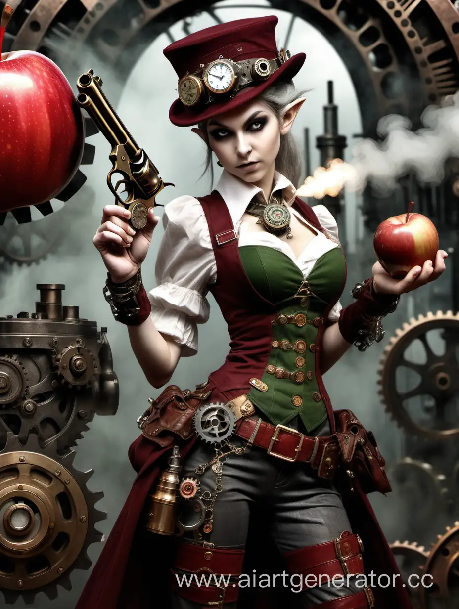 An elf in steampunk style holds a red apple in one hand, a revolver pulls the trigger in the other hand, clothes and background with steampunk elements : gears, steam engines, gears, detailed drawing of hands, emphasis on what the elf is holding, focus on the hand with an apple and the hand with a revolver, the middle plan