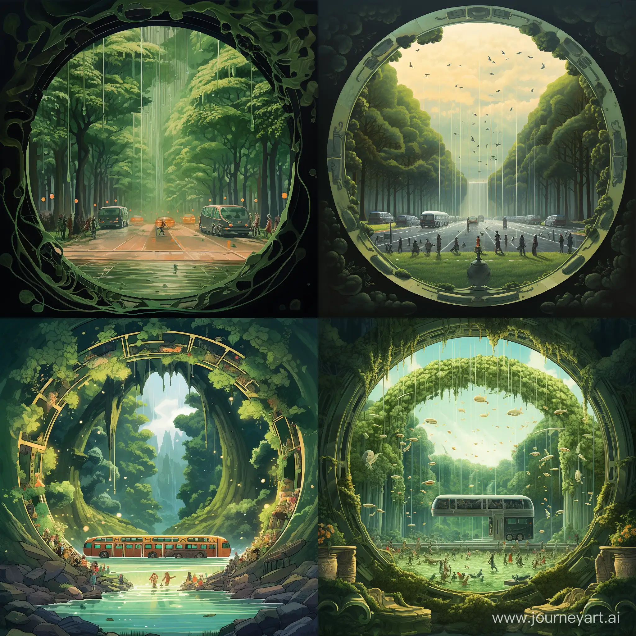A column of buses with grandmothers drives into a circular magical portal. Outside the portal it's raining, gloomy, evening. Inside the portal, it's sunny, green everywhere, a lake