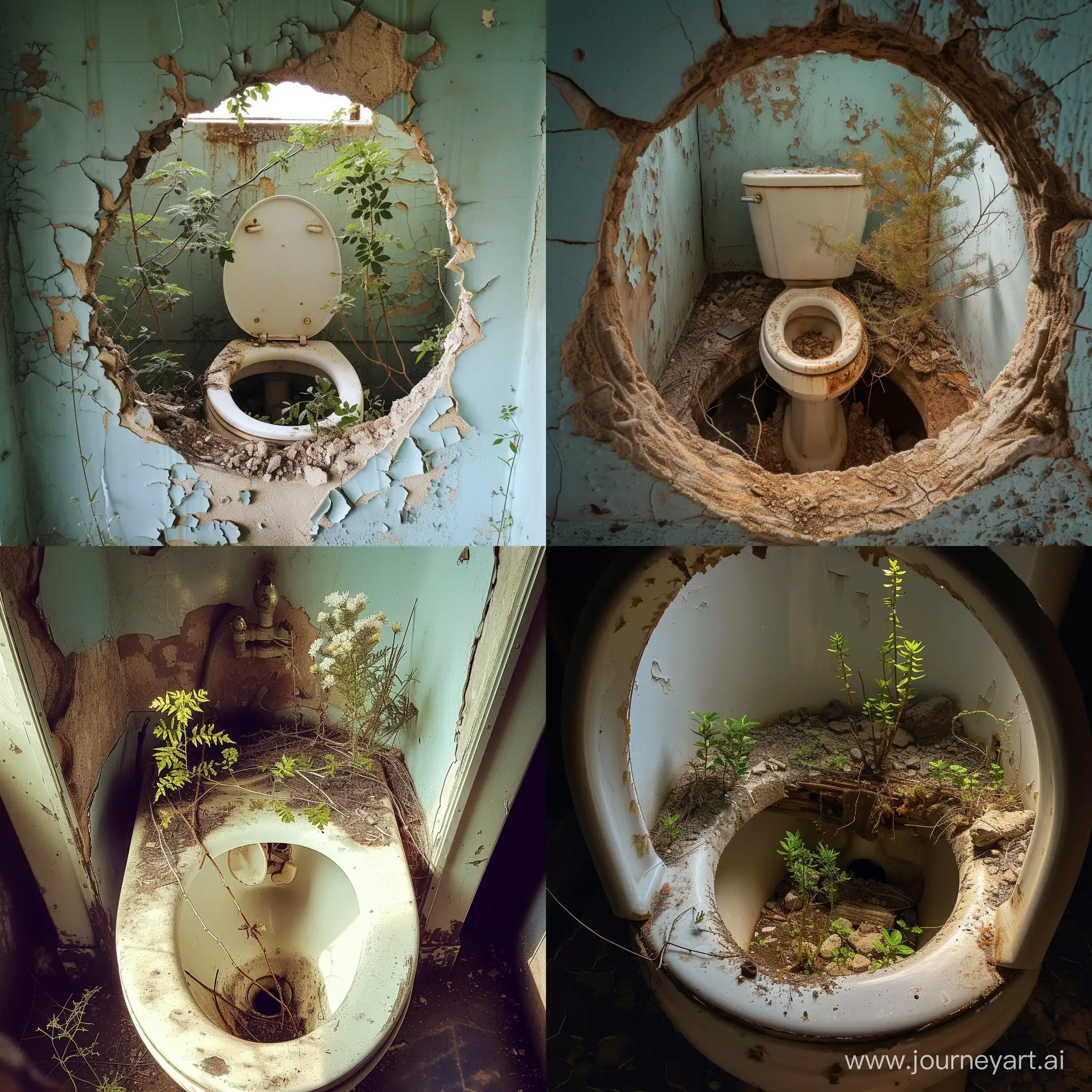 туалет изнутри заброшенный с большой дырой с небольшим количеством растительности