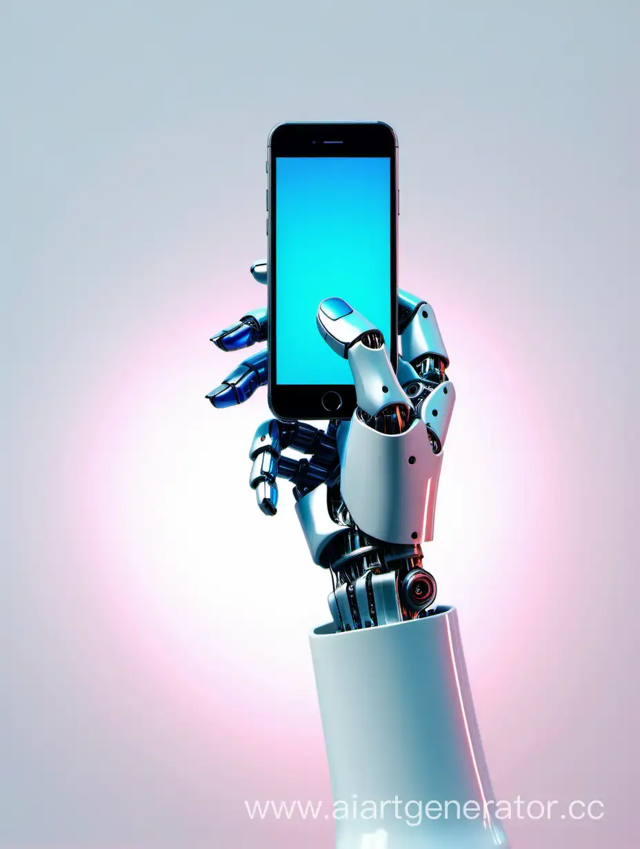 рука робота в далеке с айфоном 15 в руке на ярком фоне