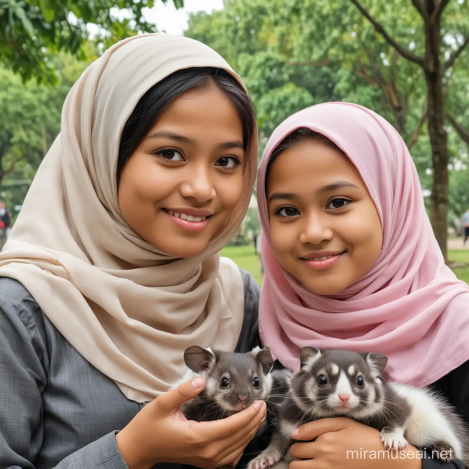realistis seorang perempuan indonesia umur 12 tahun memakai hijab duduk di taman bersama adik perempuannya umur 2 tahun, gemuk, tidak memakai hijab, rambut panjang berponi, memegang sugar glider, HD
