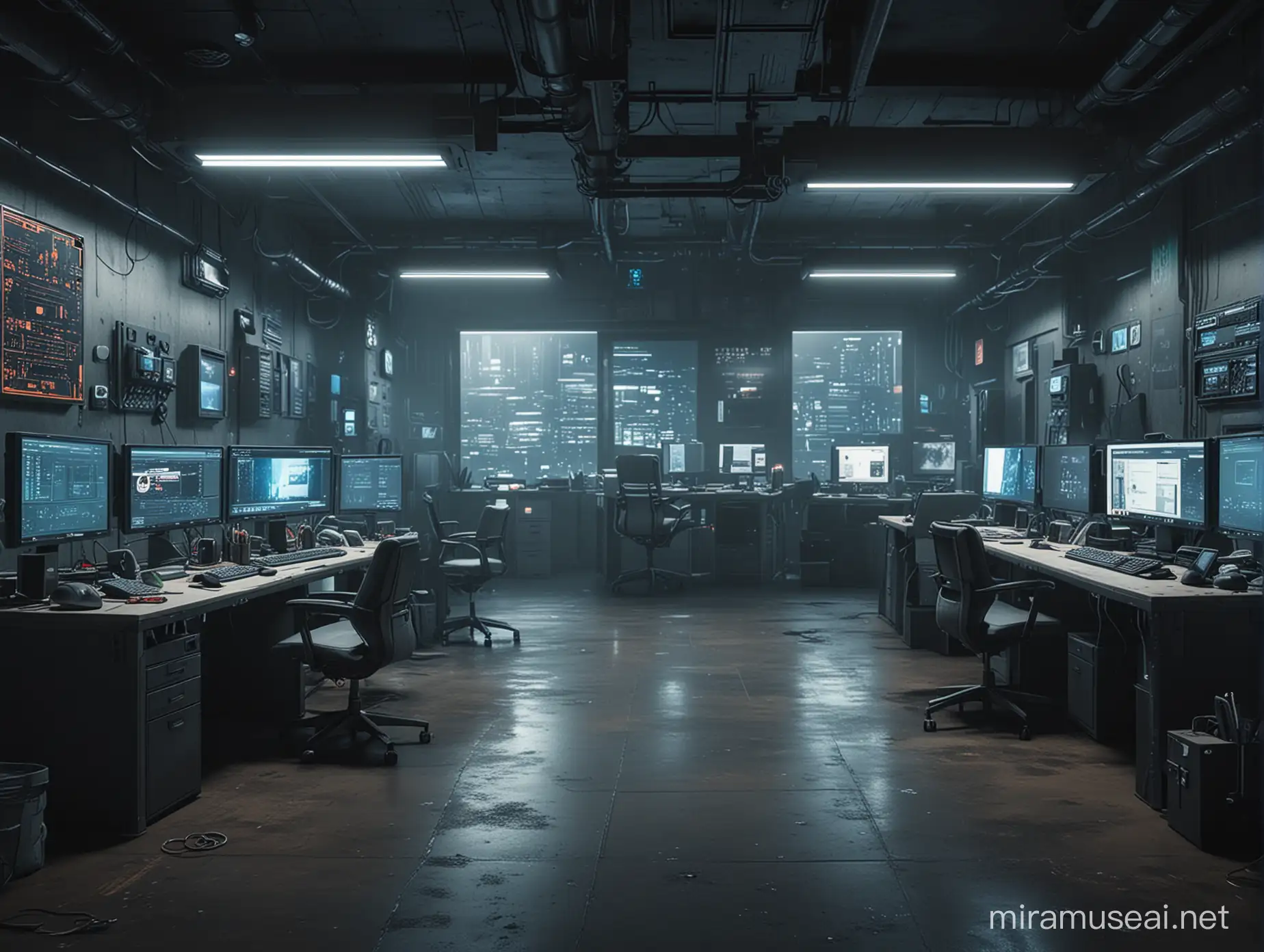 a cyberpunk office with computers