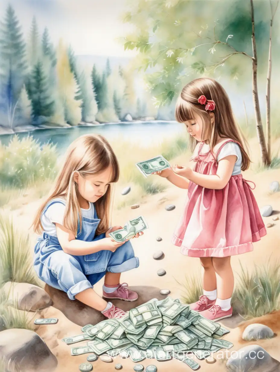 в стиле акварели девочка играет деньгами , вторая девочка играет камнями, третья девочка играет солдатиками с природой