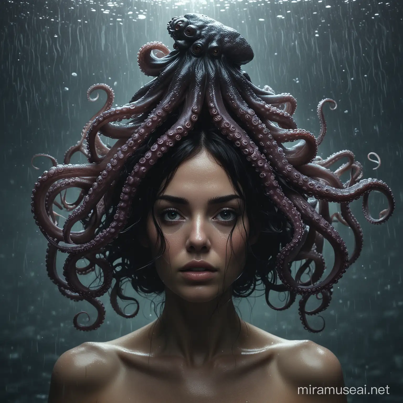 a woman with dark hair and an octopus on her head, cinematic, dreamy, dark, wet feeling