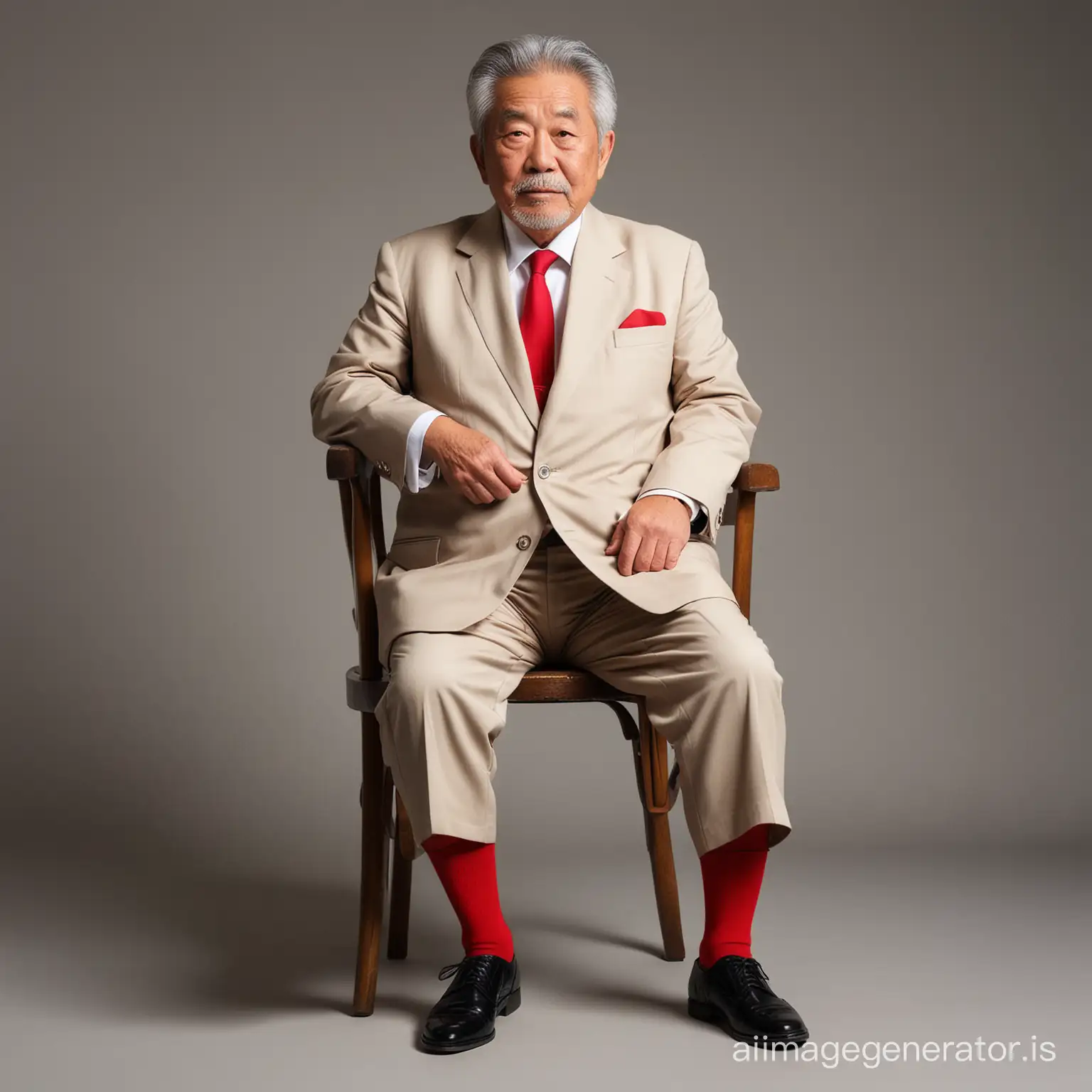 Japanese fat old man 70 years old, shot height, wearing tan suit, white shirt, red socks, black shoes, grey hair, sit on a chair, full body shot, full body shot, fantasy light cream solid background, dramatic lighting