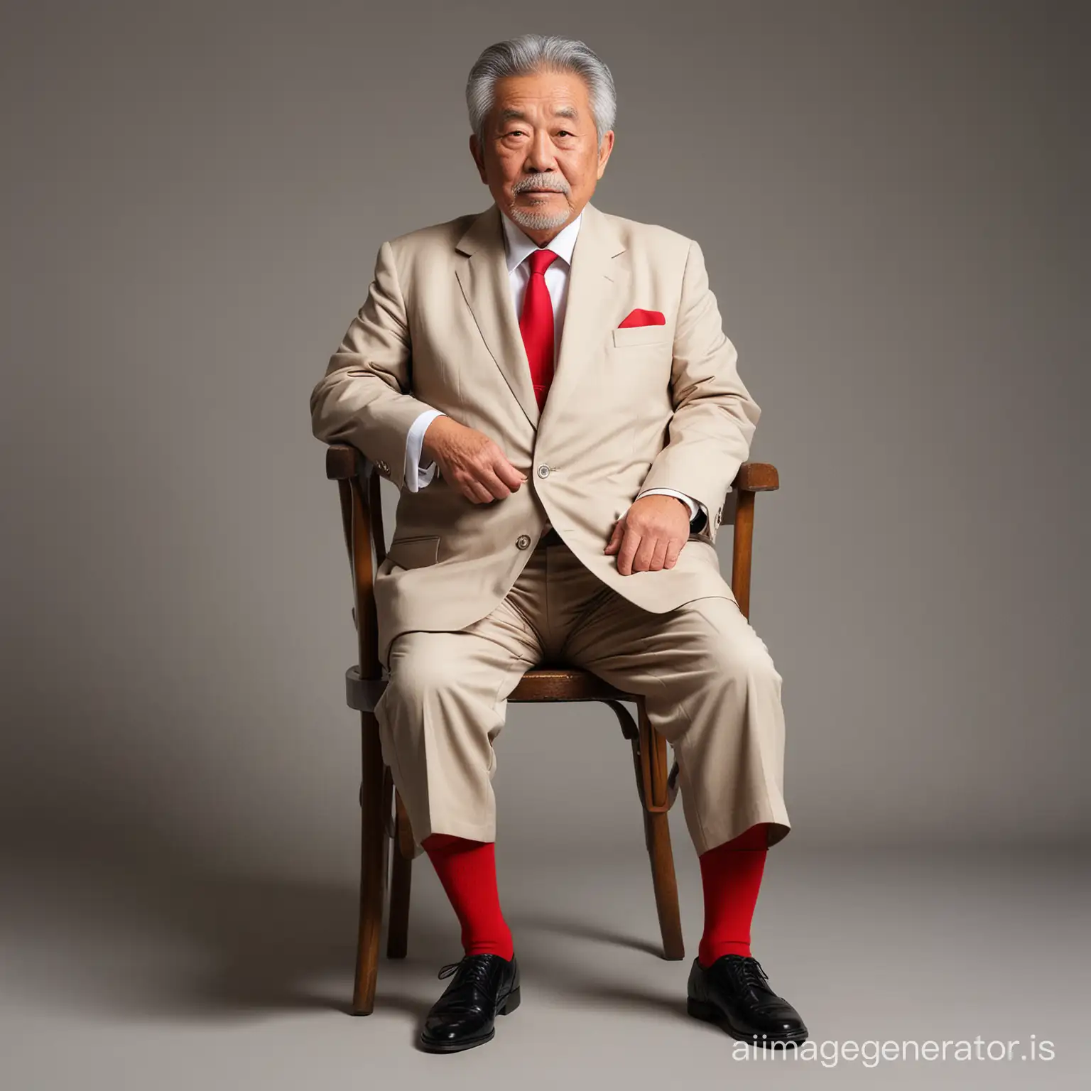 Japanese fat old man 70 years old, shot height, wearing tan suit, white shirt, red socks, black shoes, grey hair, sit on a chair, full body shot, full body shot, fantasy light cream solid background, dramatic lighting
