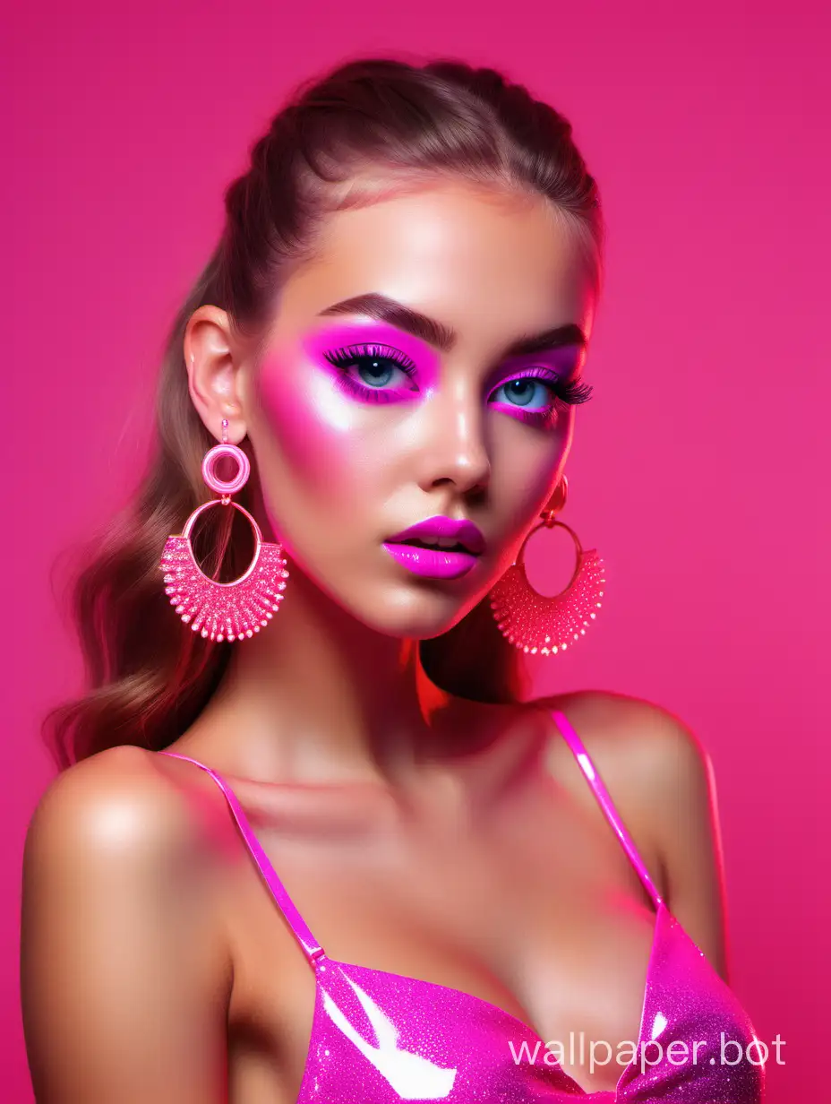 create a full body of a young model with bold neon lip colour, glowing skin, gems on the eyes, glitter on the eyes, neon fake eyelashes, bold earrings, wearing 80's summer fashion in neon colours, blurred pink background, realistic photo, excellent visual focus on the face, hair, eyes and clothing and jewellery through the processing of light and textures of the fabric, make sure the clothing, make up and headwear compliment each other, and the final image should be high fashion and impressive