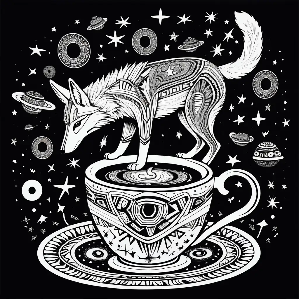 A coffee addict huichol style coyote ascending through a worm hole, stars and comets in coffee cups shapes passing by. Nebulae and black holes in the background. Black and white iconography. 
