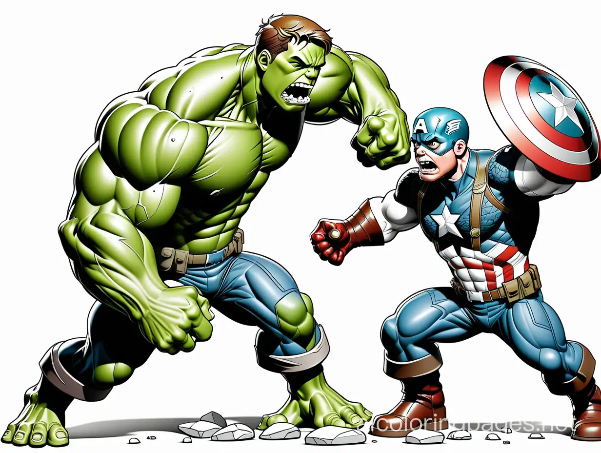 Captain America fighting against Hulk, Coloring Page, black and white, line art, white background, Simplicity, Ample White Space. The background of the coloring page is plain white to make it easy for young children to color within the lines. The outlines of all the subjects are easy to distinguish, making it simple for kids to color without too much difficulty