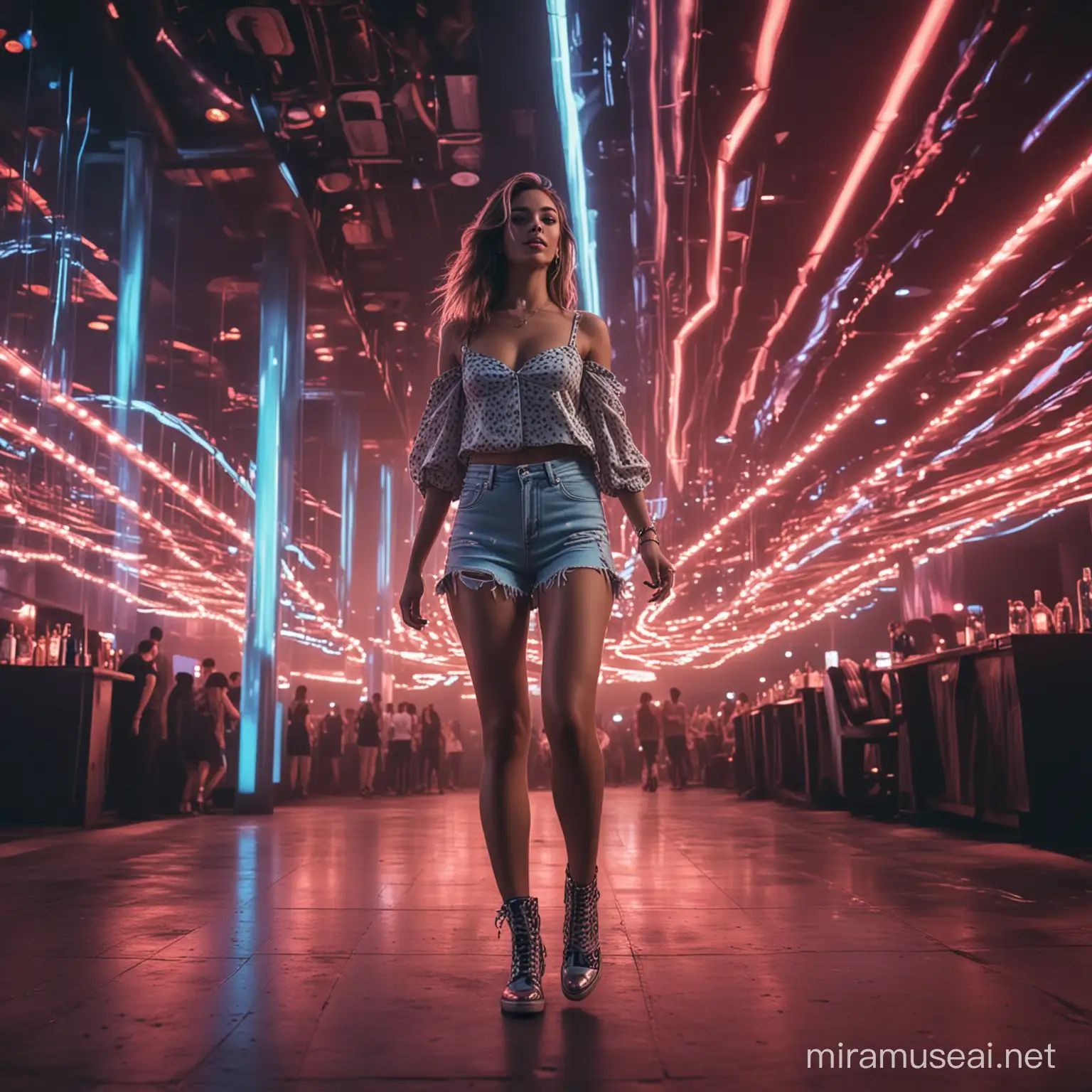 groovy and beautiful girl walking by at a high scale nightclub