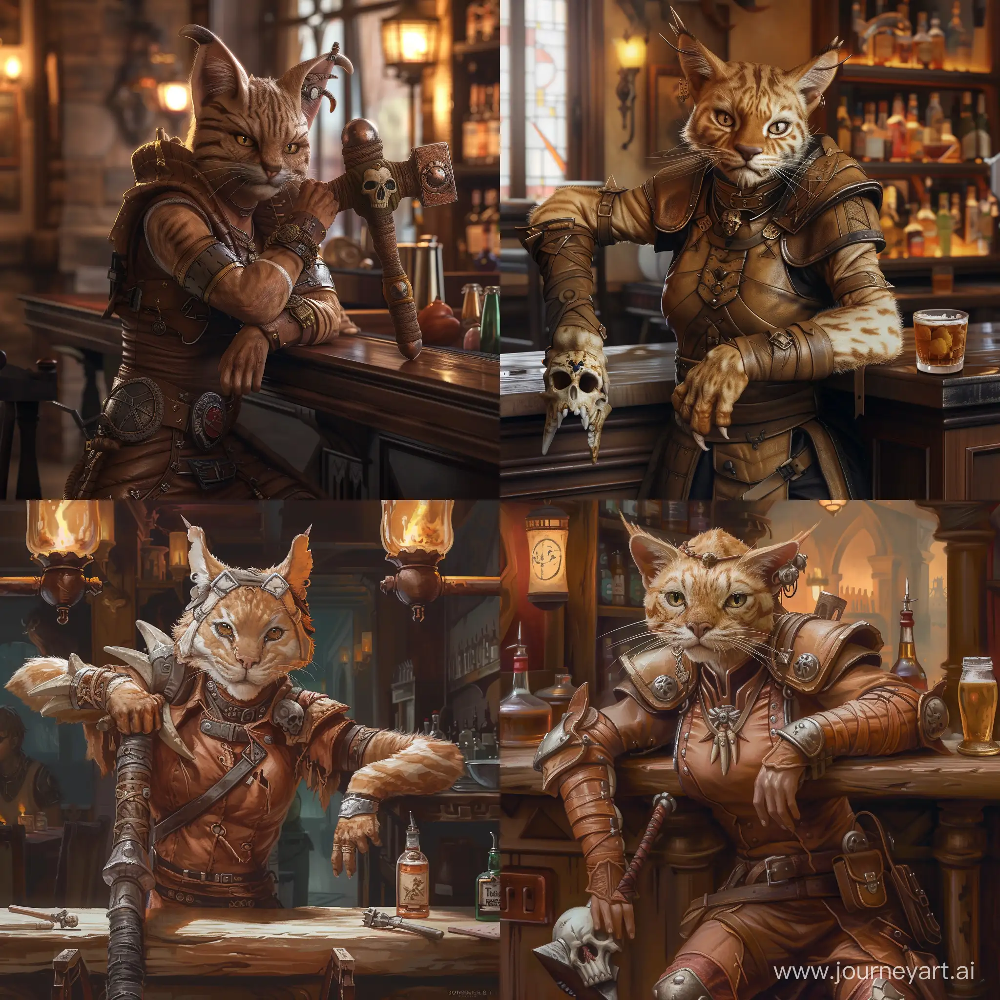 Tabaxi-Girl-in-Leather-Armor-Leaning-on-Bar-with-Skull-War-Hammer