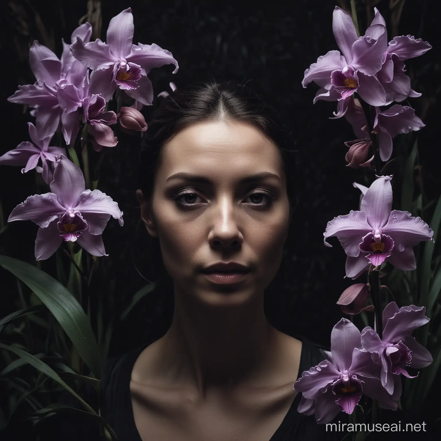 retrato de mulher vista a três quartos, em ambiente escuro e dramático e rodeada de orquídeas 