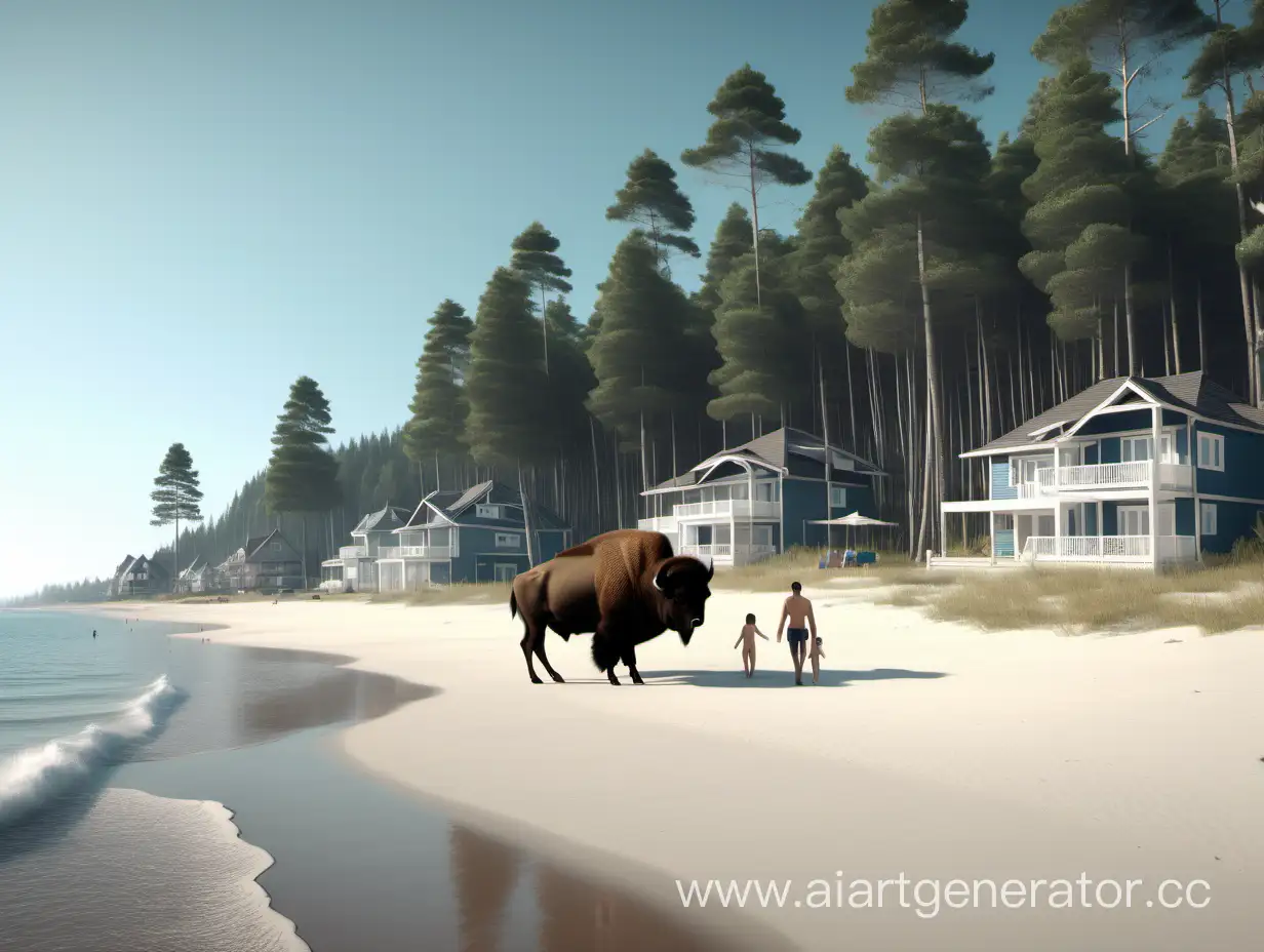 Family-Enjoying-Tranquil-Beach-with-Bison-Encounter