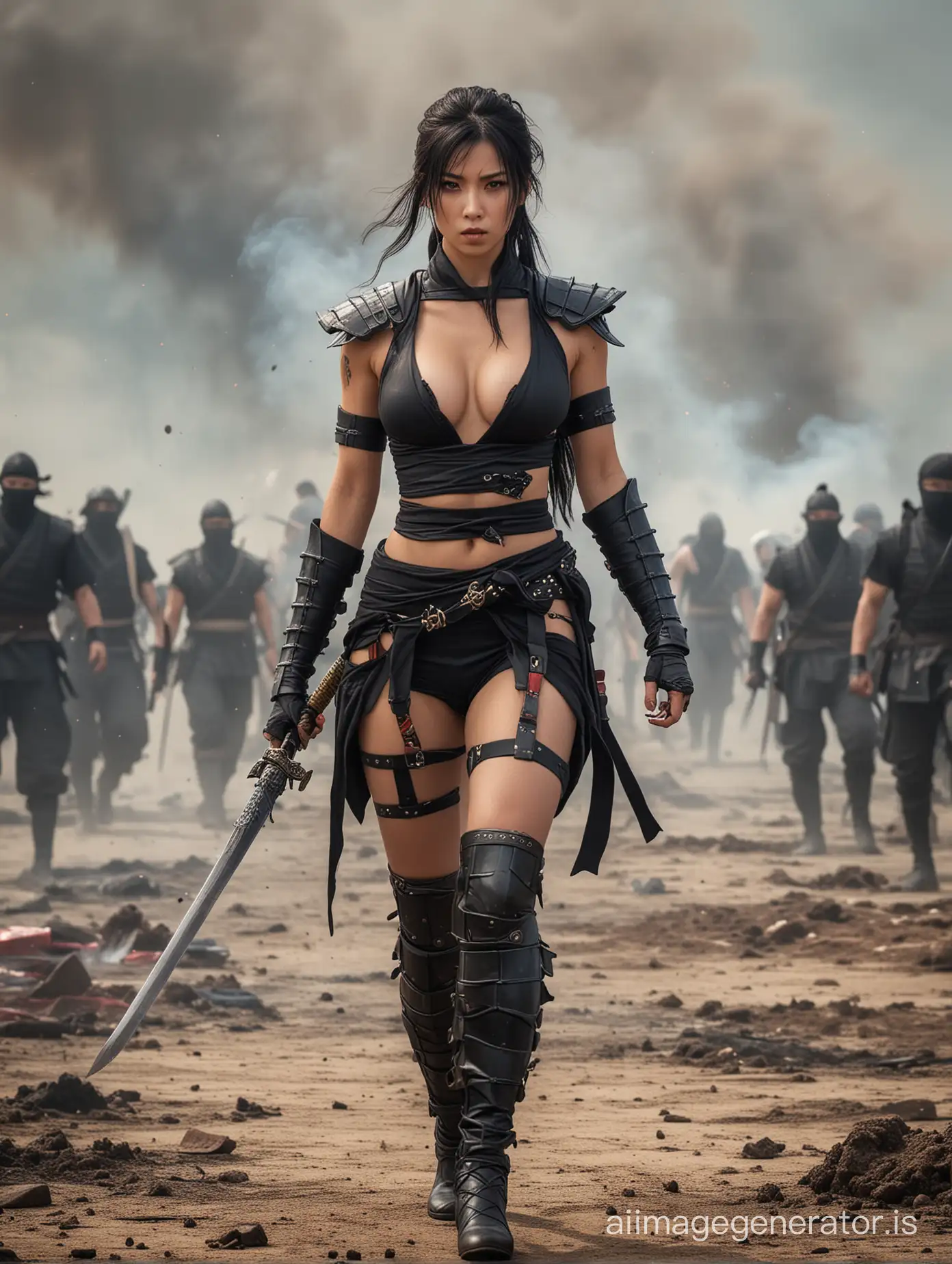 No weapons in her hands: scantily dressed female ninja, skimpy clothing, walking over a battlefield. The battle has been won, smoke everywhere. Dead bodies on the floor. Eyes of the big dragon watching her. No other ninjas in the picture. (perfect face)