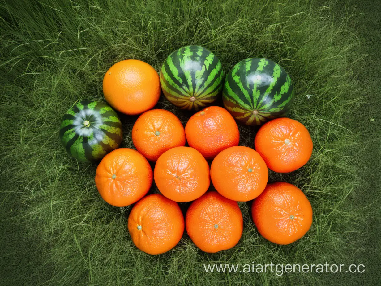 Fresh-Ripe-Tangerines-and-Watermelons-in-Lush-Green-Grass