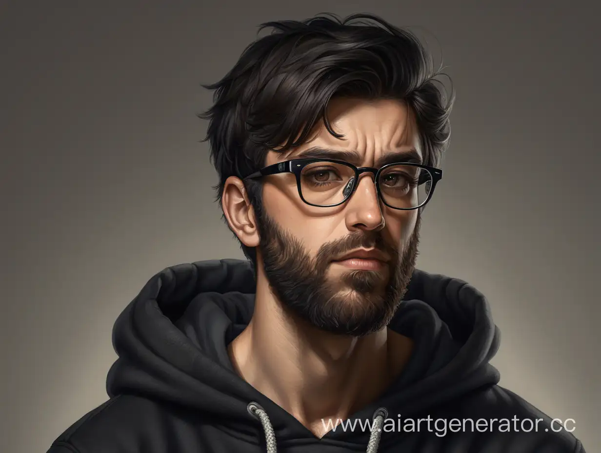 A tired, dark-haired, bearded guy in a black hoodie, wearing rectangular glasses, portrait