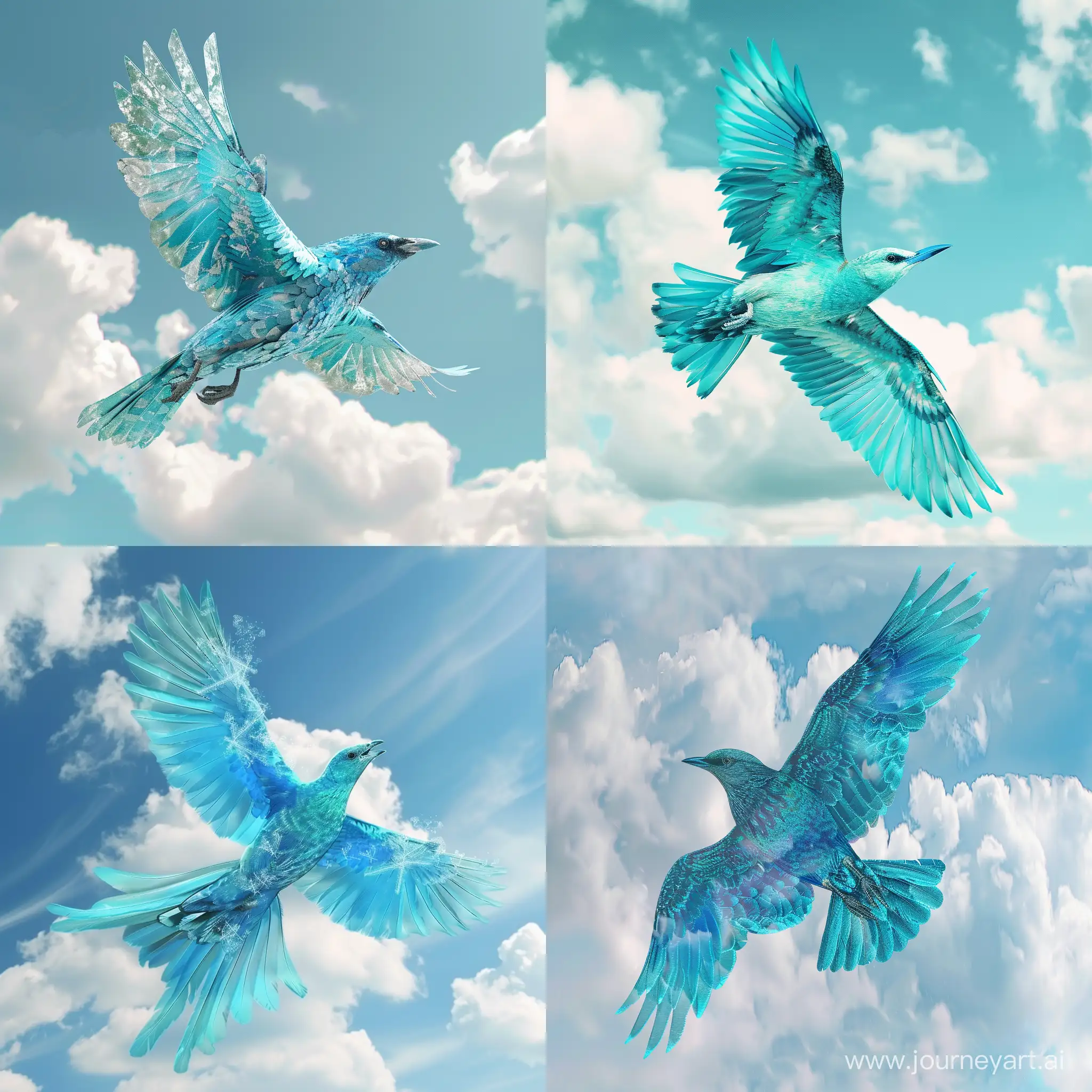 бирюзовая с синим  птица, летит в небе с облаками