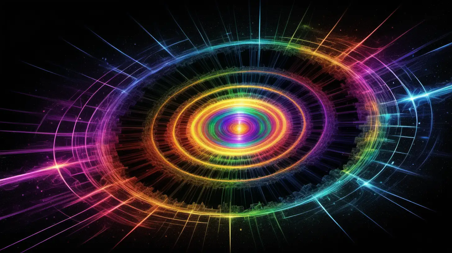 Quantum Field Bright colored elements dark space particles emanating from multi-colored Circular center into chaos at edges



